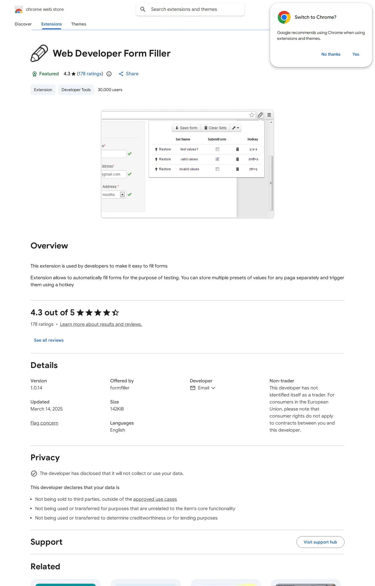 Web Developer Form Filler listing on the Chrome Web Store