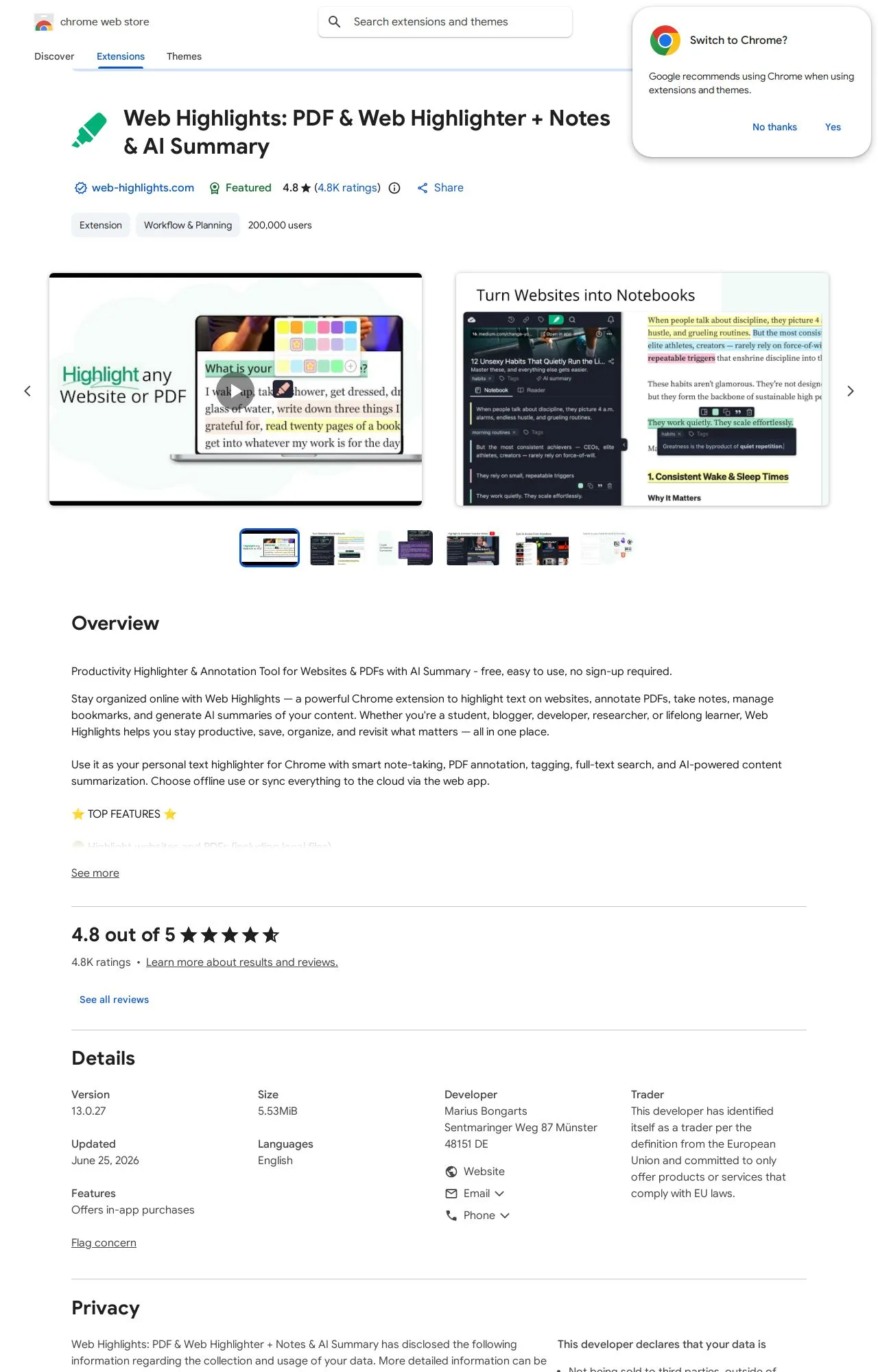 Web Highlights: PDF & Web Highlighter + Notes & AI Summary listing on the Chrome Web Store