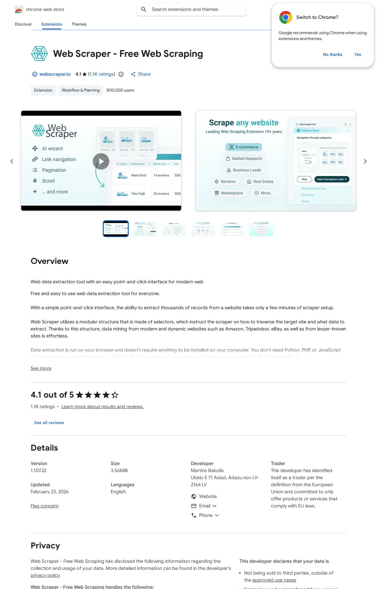 Web Scraper - Free Web Scraping listing on the Chrome Web Store