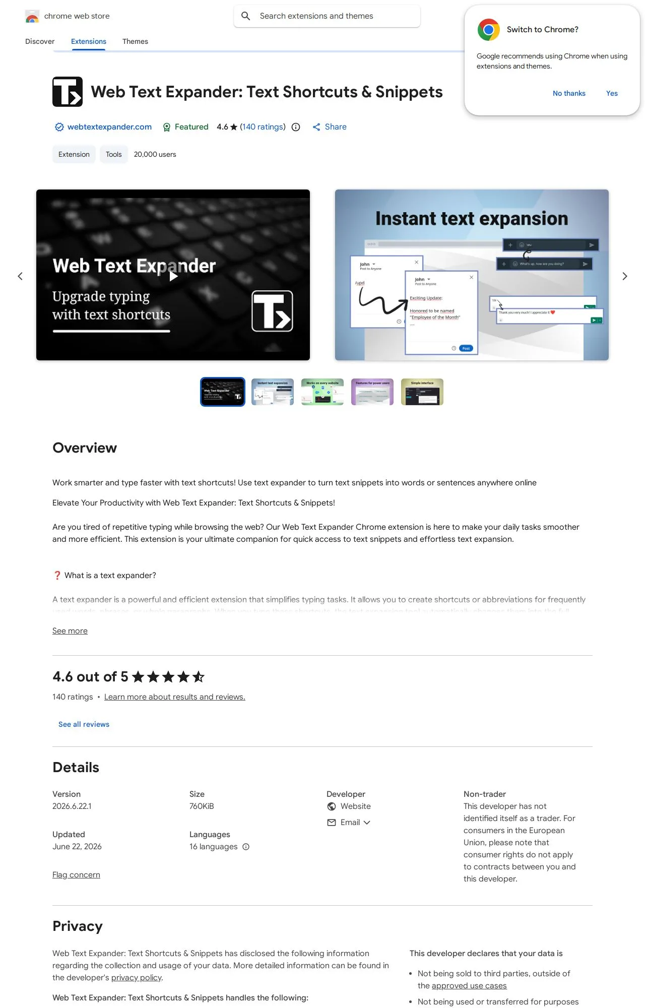 Web Text Expander: Text Shortcuts & Snippets listing on the Chrome Web Store