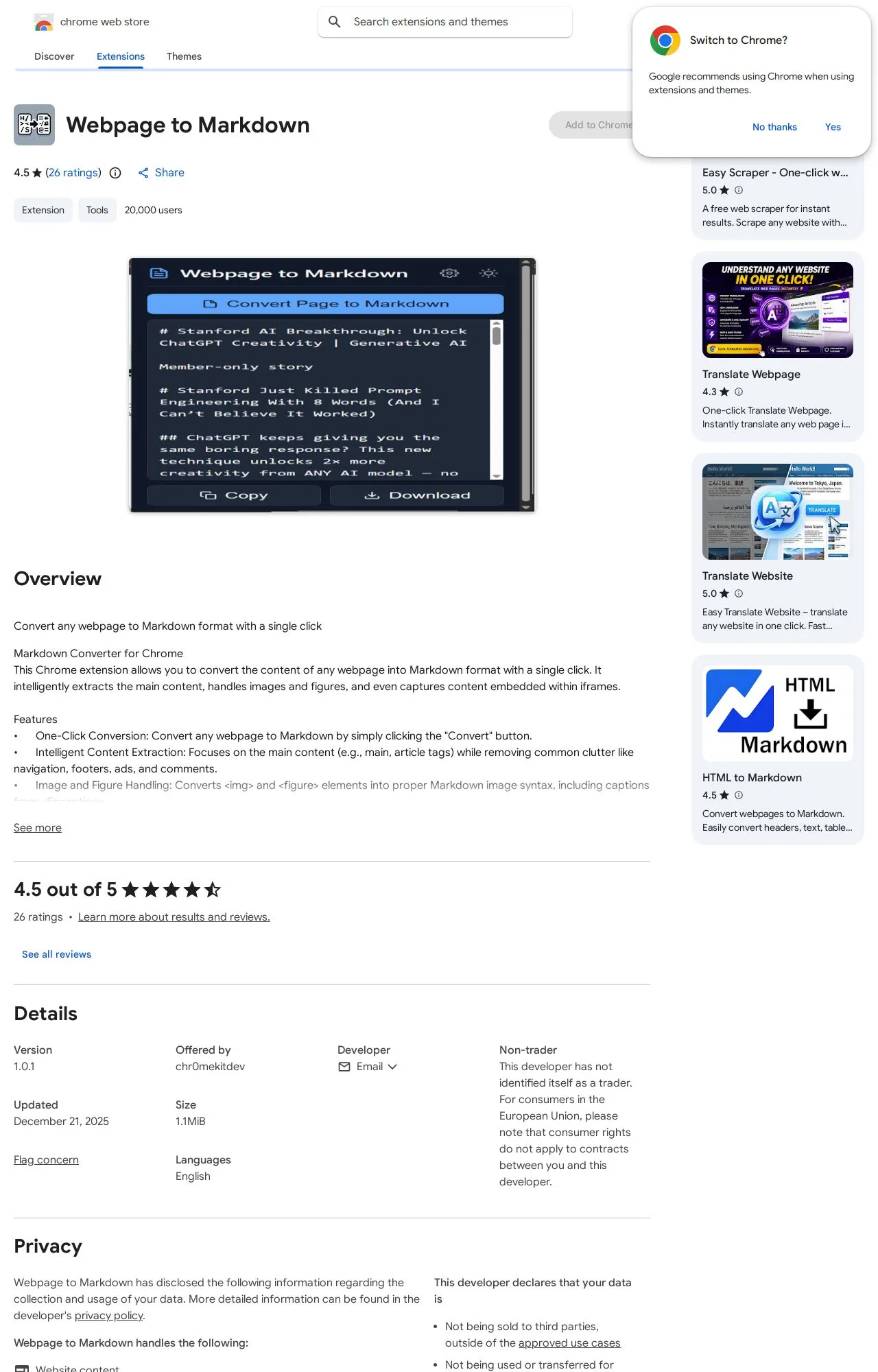 Webpage to Markdown listing on the Chrome Web Store