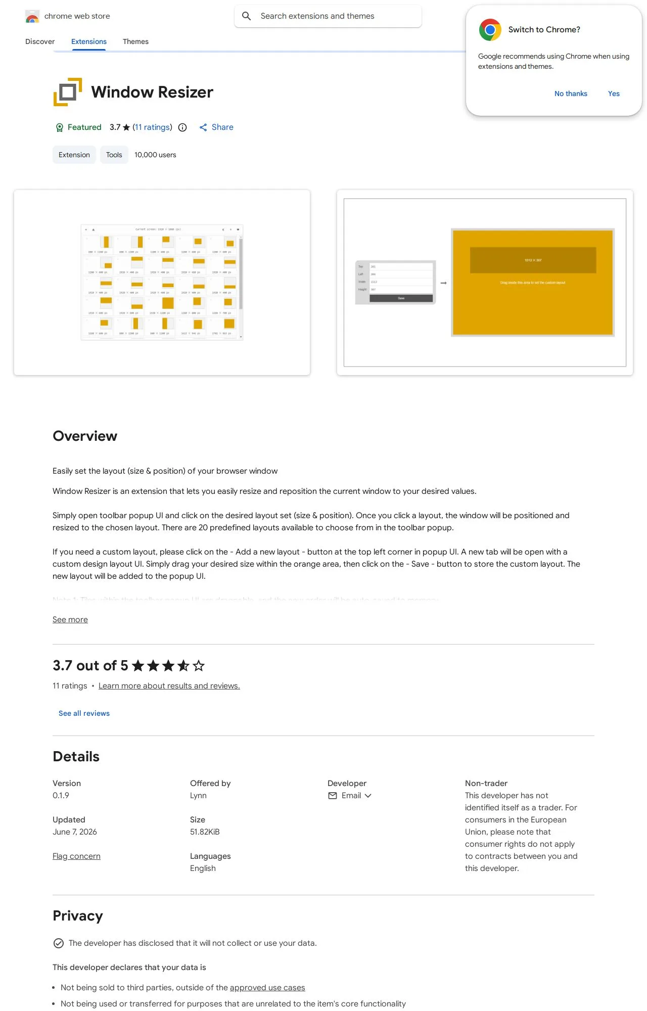 Window Resizer listing on the Chrome Web Store