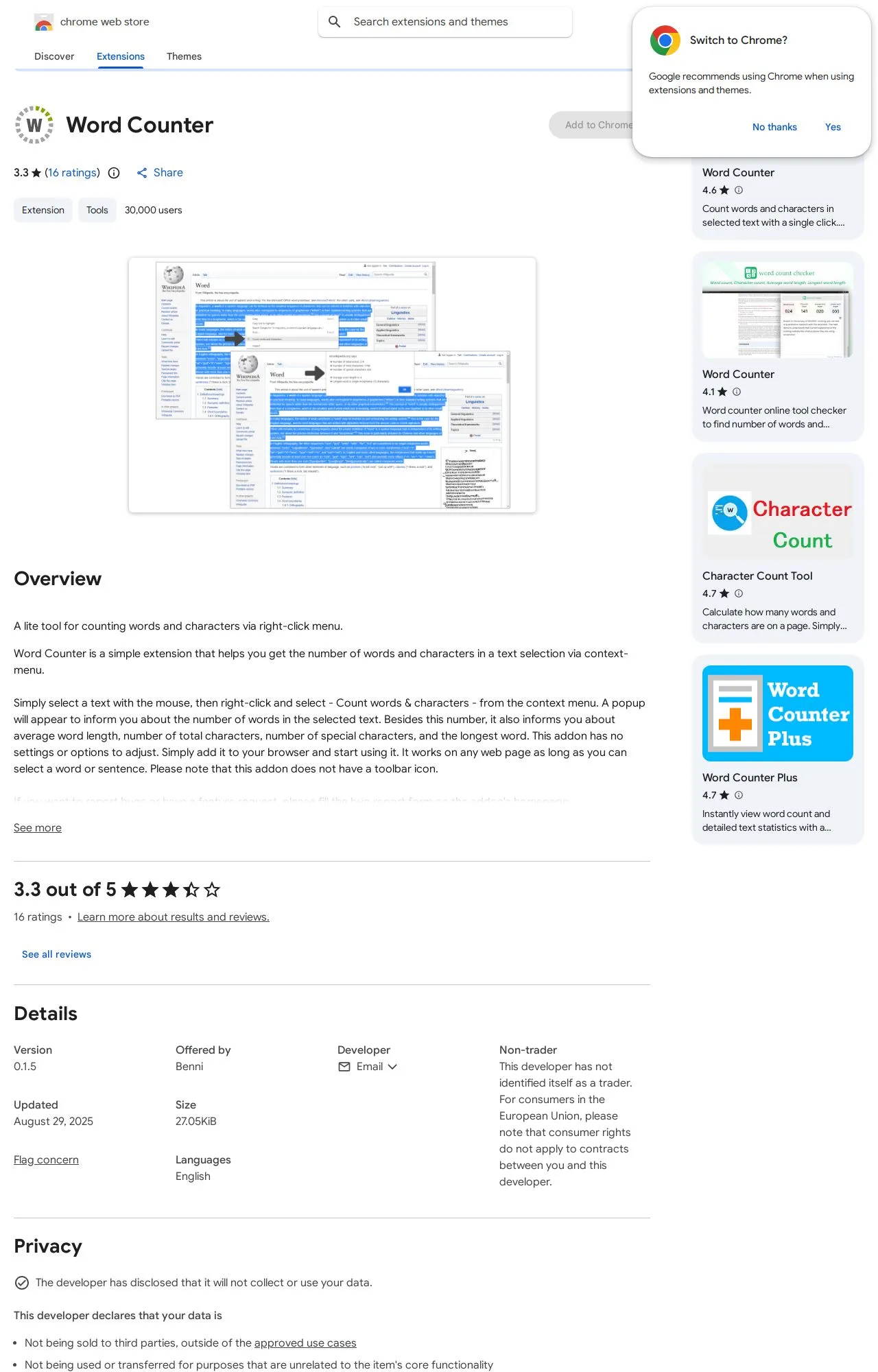Word Counter listing on the Chrome Web Store