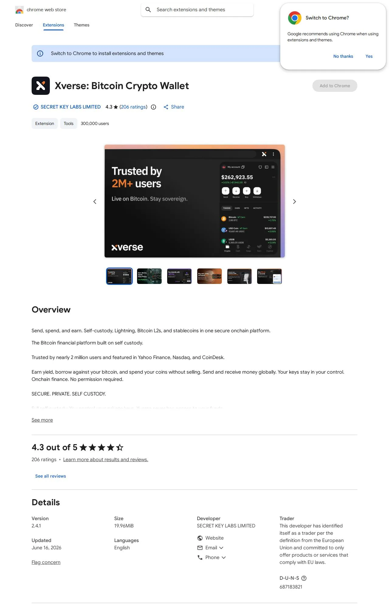 Xverse: Bitcoin Crypto Wallet listing on the Chrome Web Store