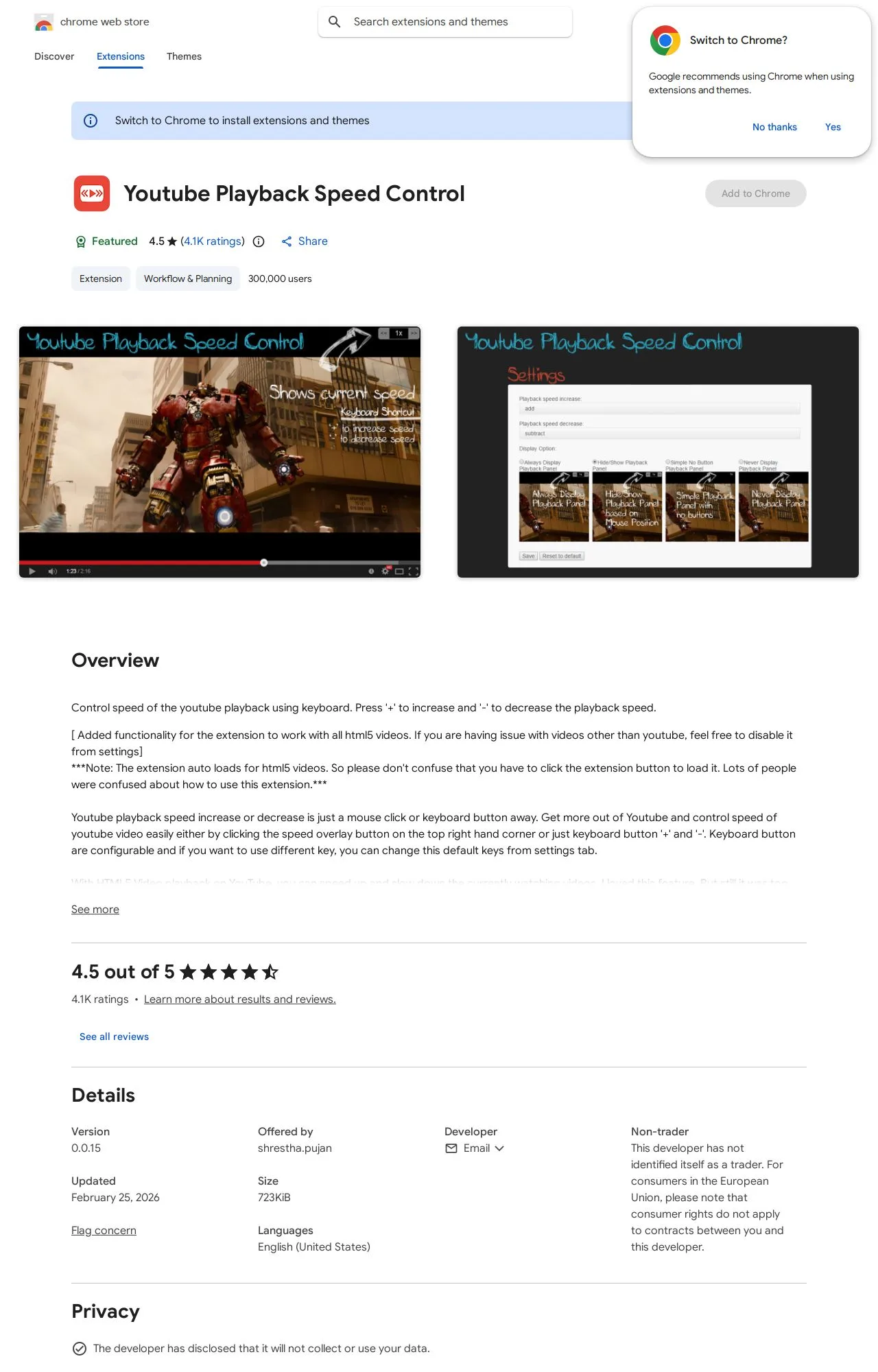 Youtube Playback Speed Control listing on the Chrome Web Store
