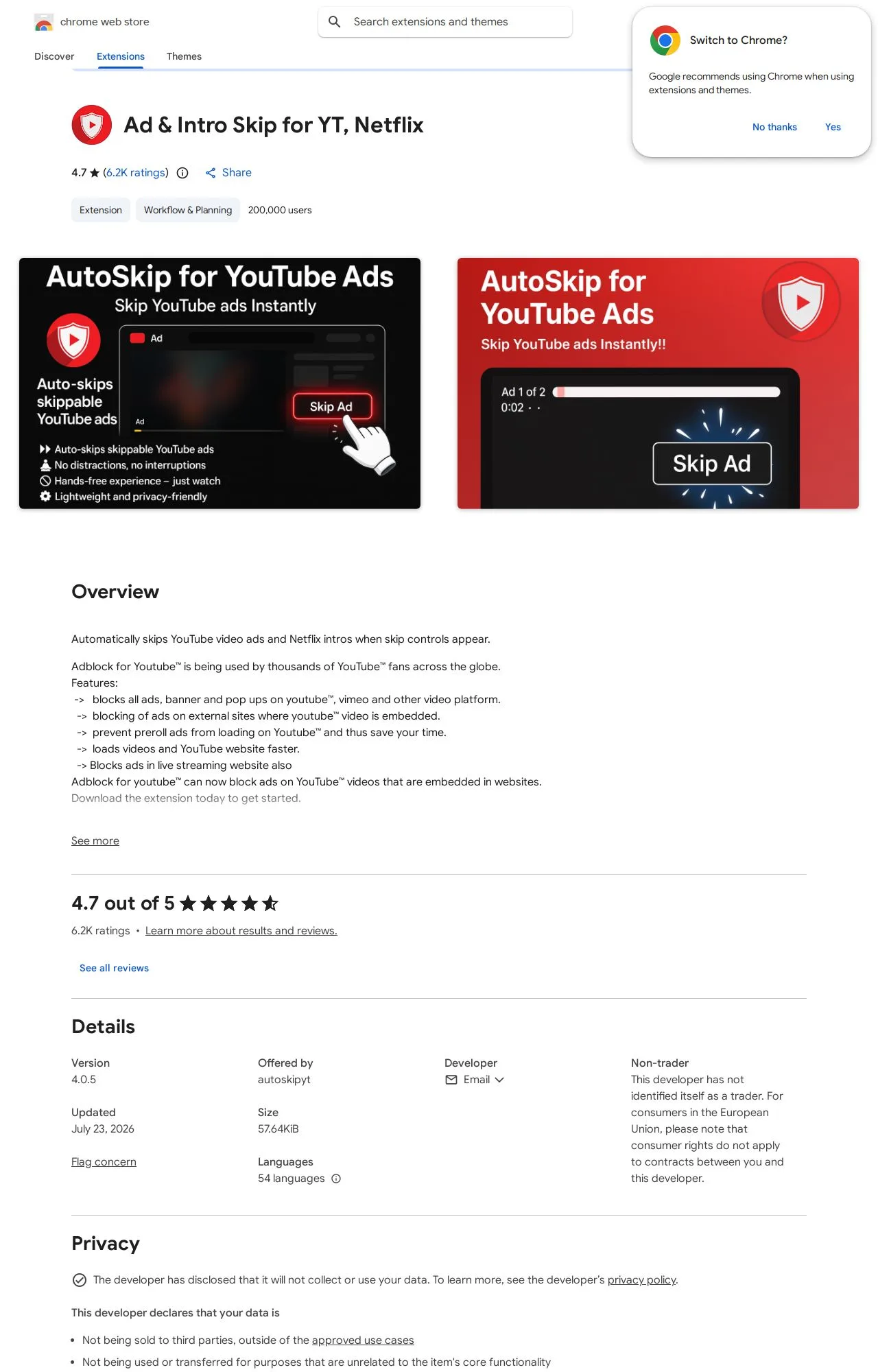 Ad & Intro Skip for YT, Netflix listing on the Chrome Web Store