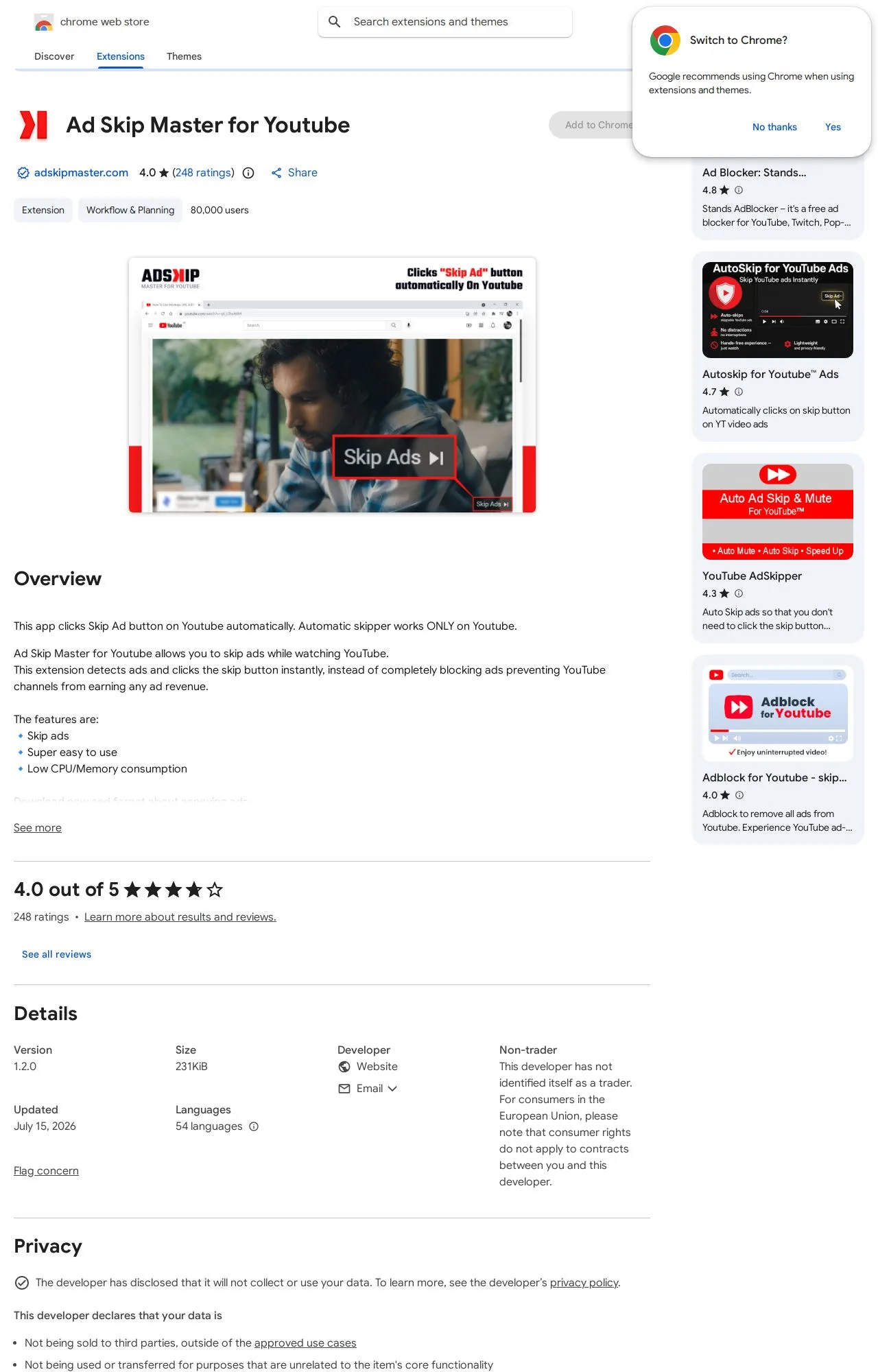 Ad Skip Master for Youtube listing on the Chrome Web Store