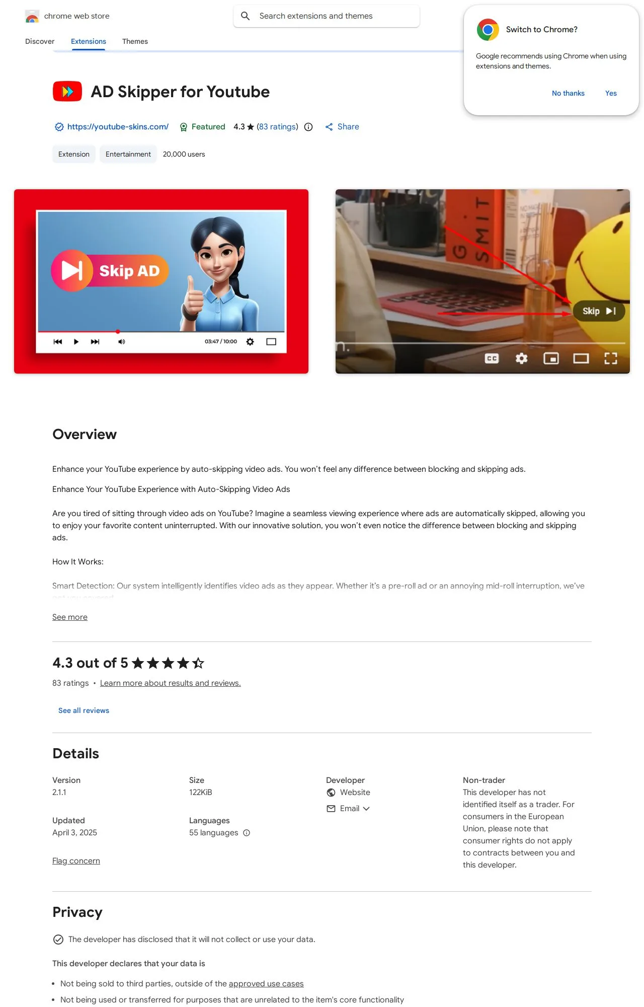 AD Skipper for Youtube listing on the Chrome Web Store