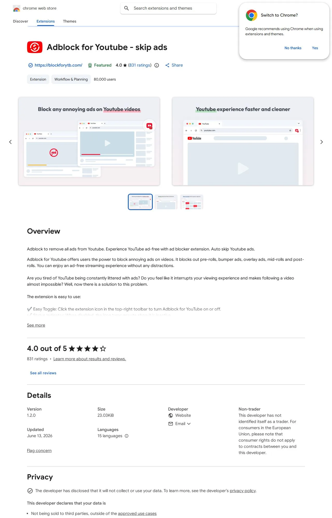 Adblock for Youtube - skip ads listing on the Chrome Web Store