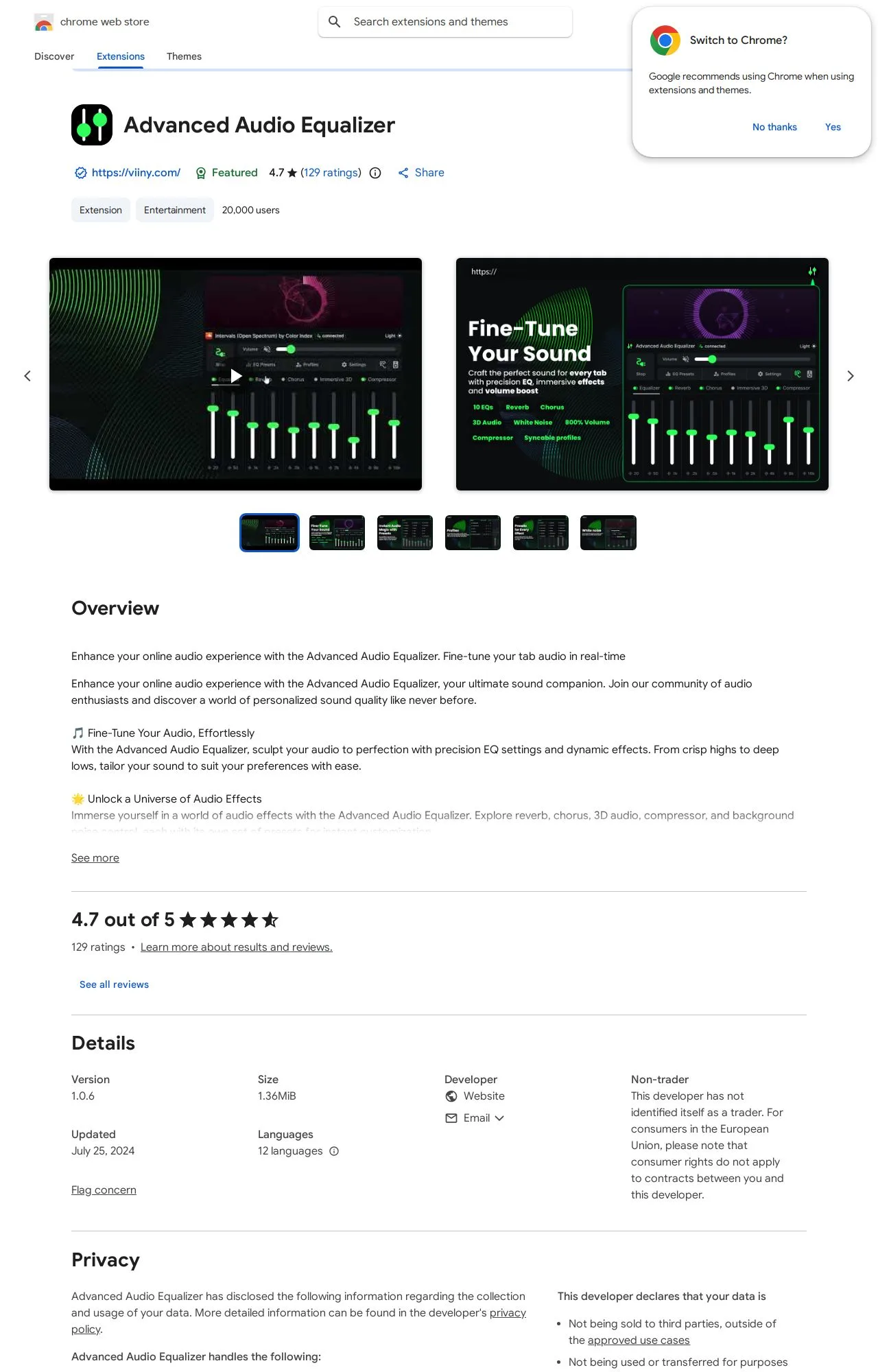 Advanced Audio Equalizer listing on the Chrome Web Store