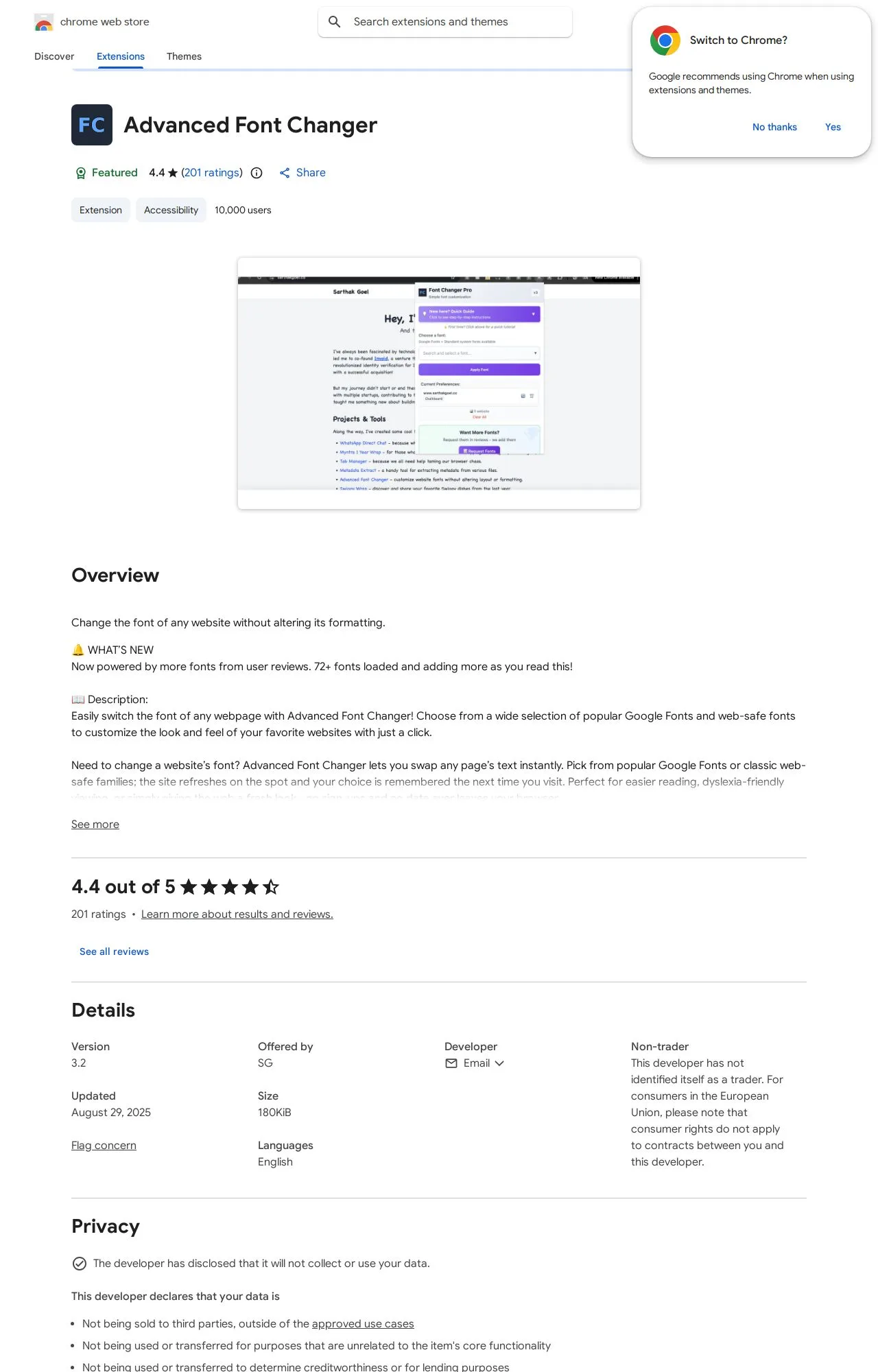 Advanced Font Changer listing on the Chrome Web Store