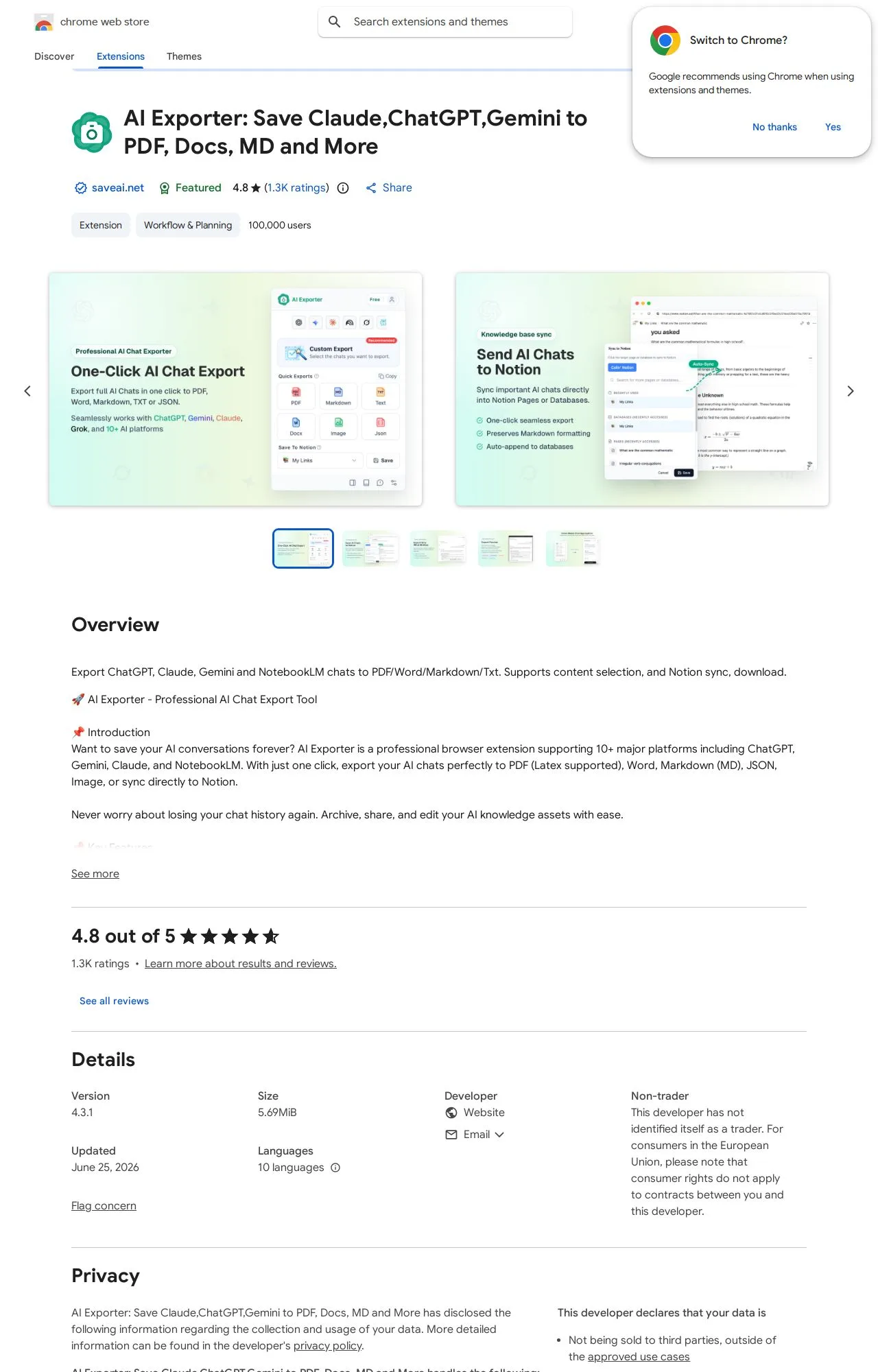 AI Exporter: Save Claude,ChatGPT,Gemini to PDF, Docs, MD and More listing on the Chrome Web Store