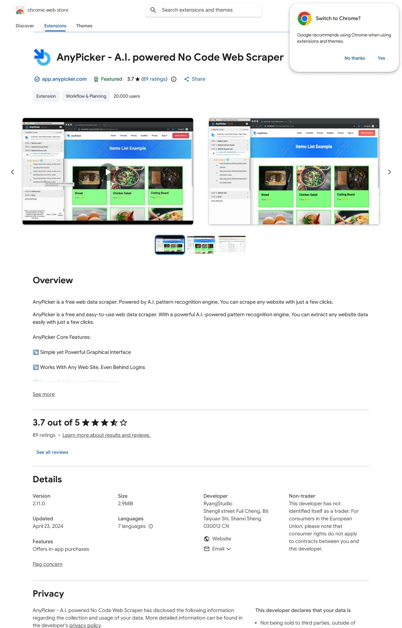 AnyPicker - A.I. powered No Code Web Scraper listing on the Chrome Web Store