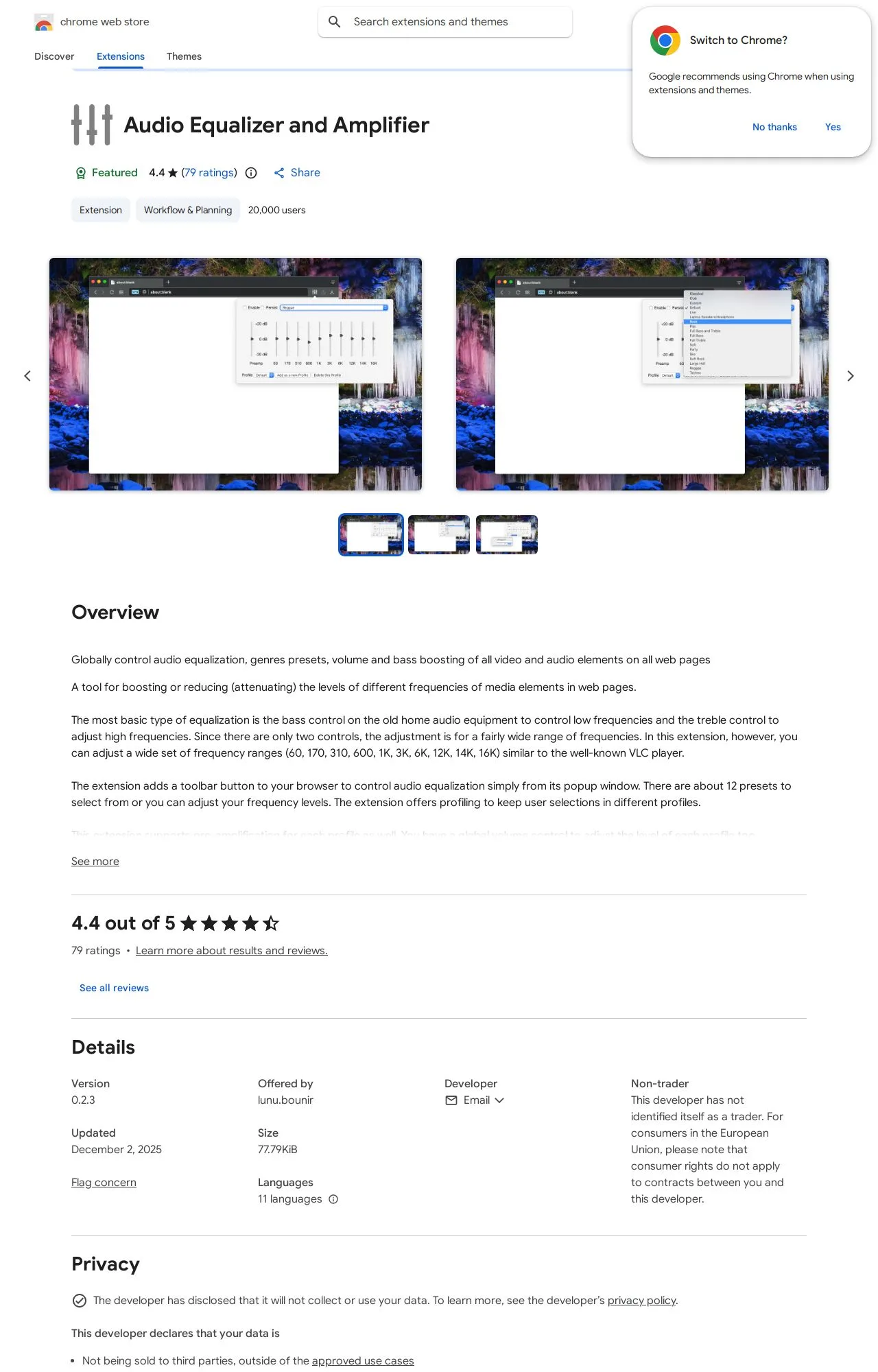 Audio Equalizer and Amplifier listing on the Chrome Web Store