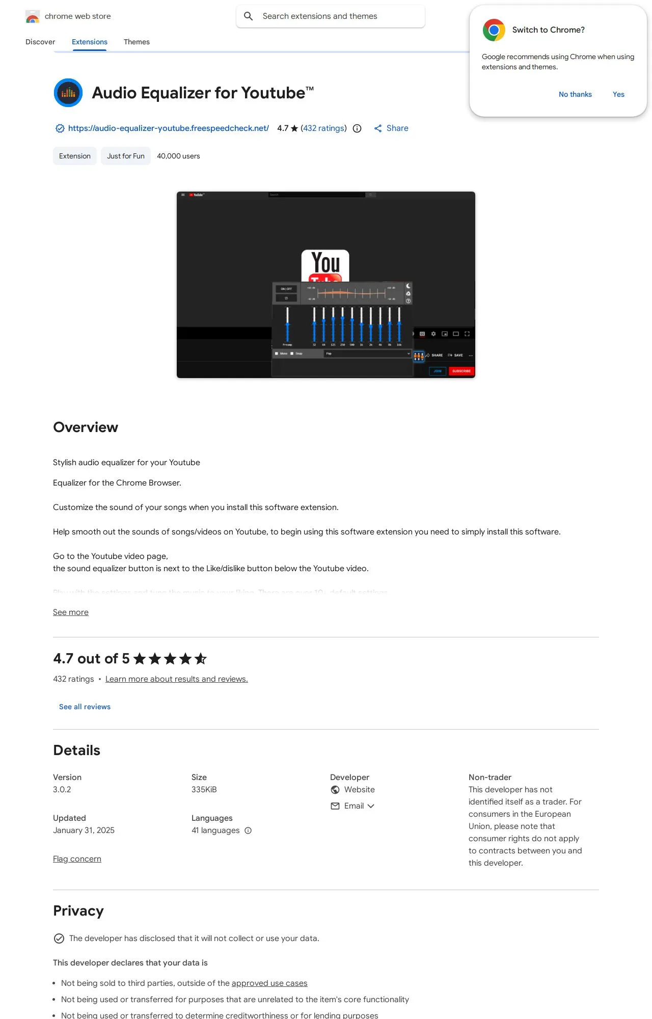 Audio Equalizer for Youtube listing on the Chrome Web Store