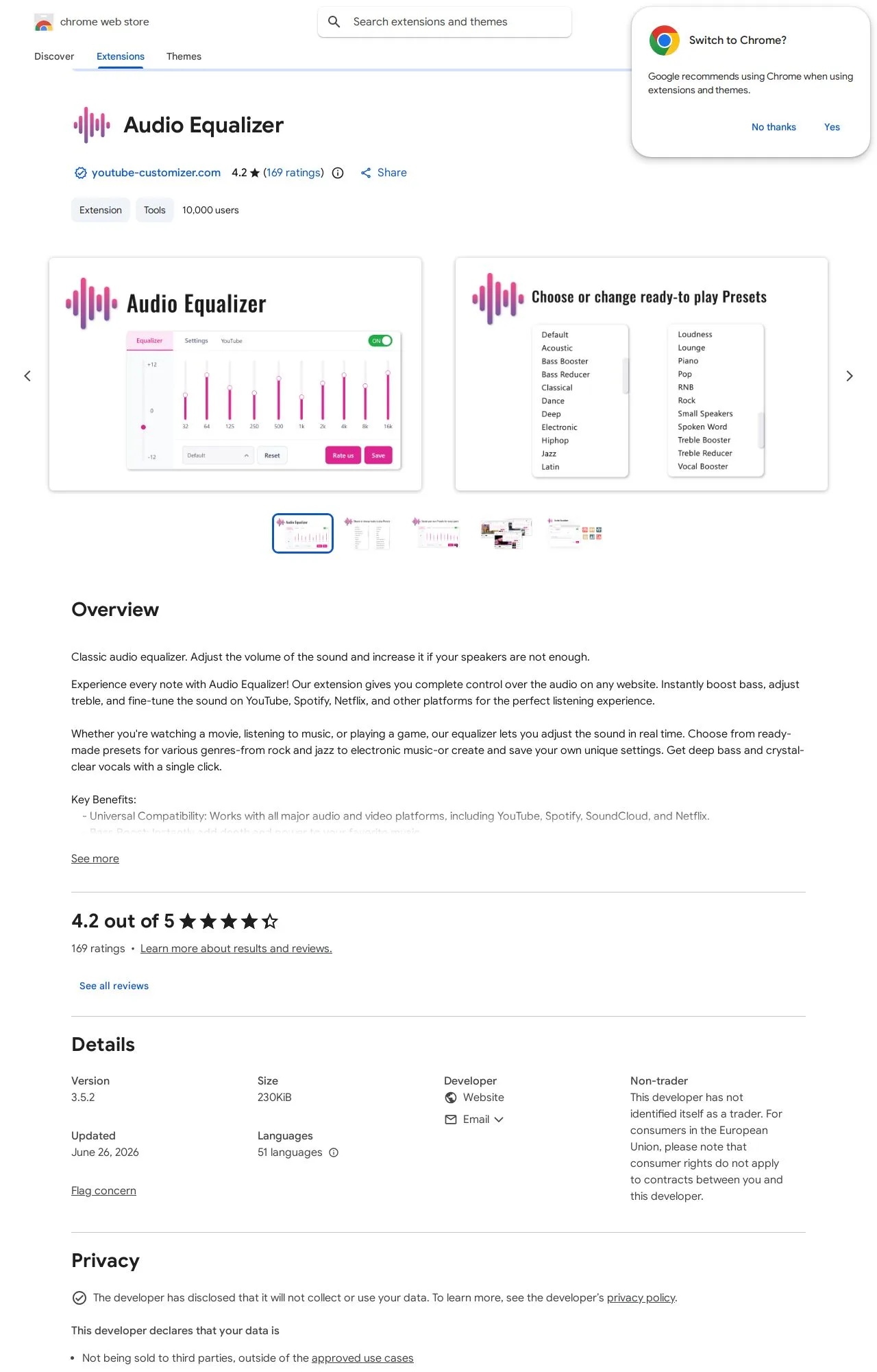 Audio Equalizer listing on the Chrome Web Store
