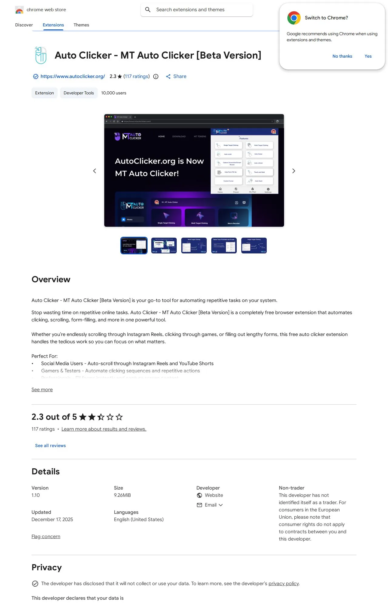 Auto Clicker - MT Auto Clicker [Beta Version] listing on the Chrome Web Store