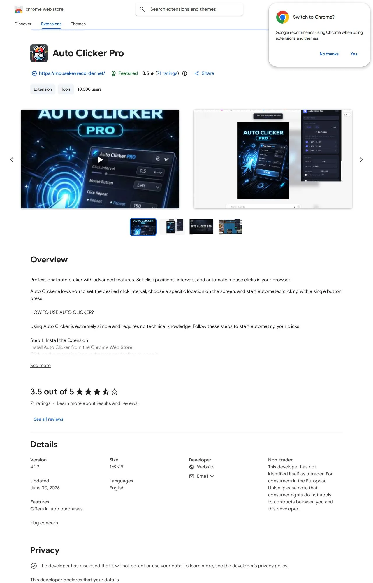 Auto Clicker Pro listing on the Chrome Web Store