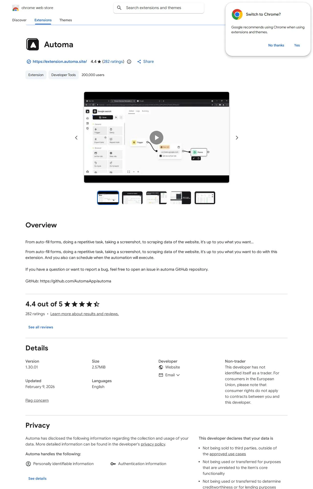 Automa listing on the Chrome Web Store