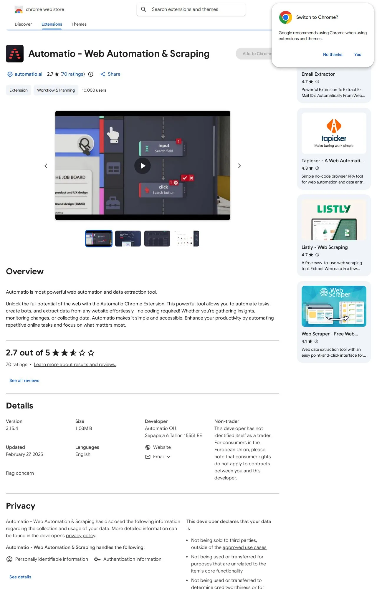 Automatio - Web Automation & Scraping listing on the Chrome Web Store