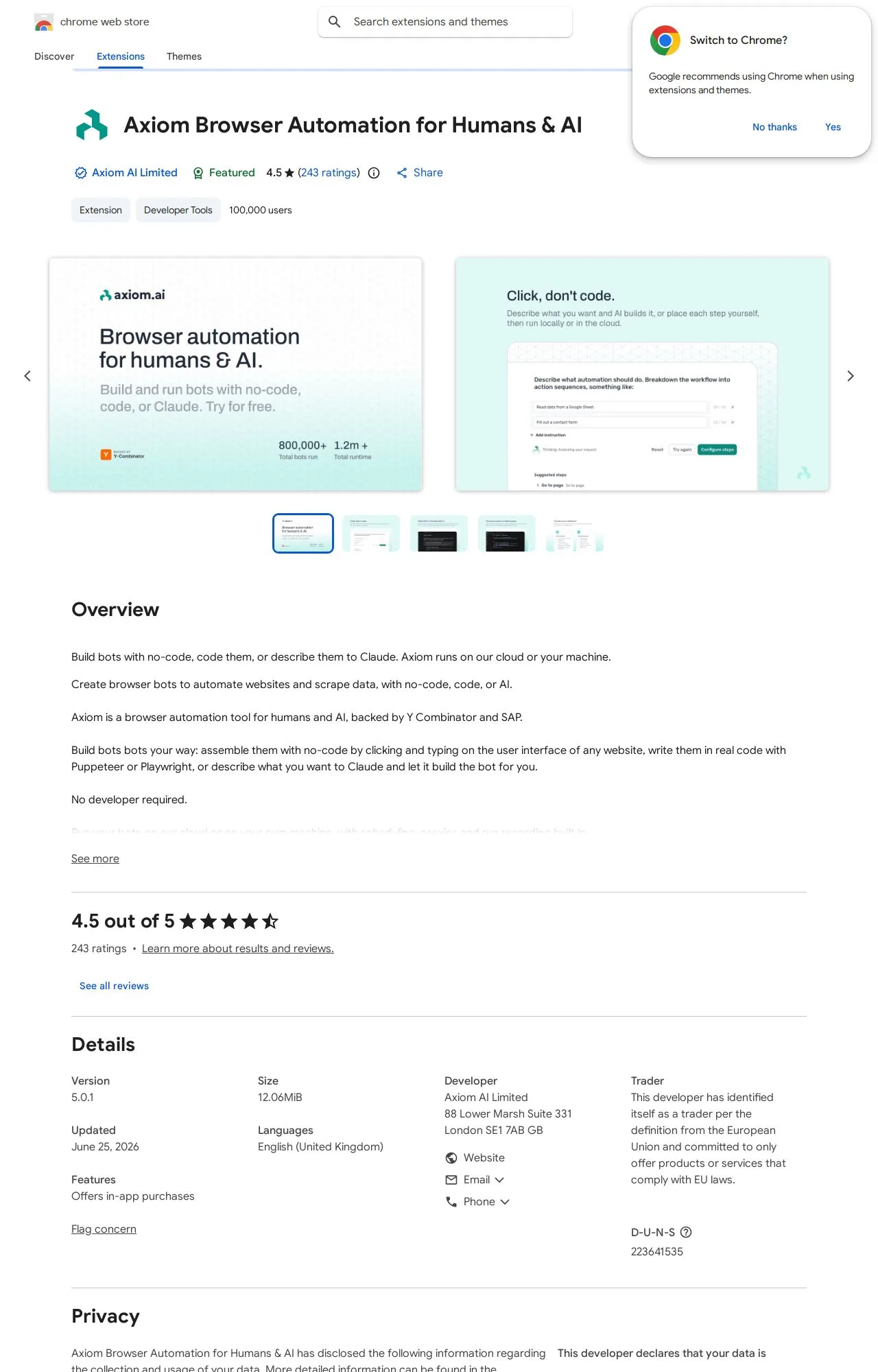 Axiom Browser Automation for Humans & AI listing on the Chrome Web Store