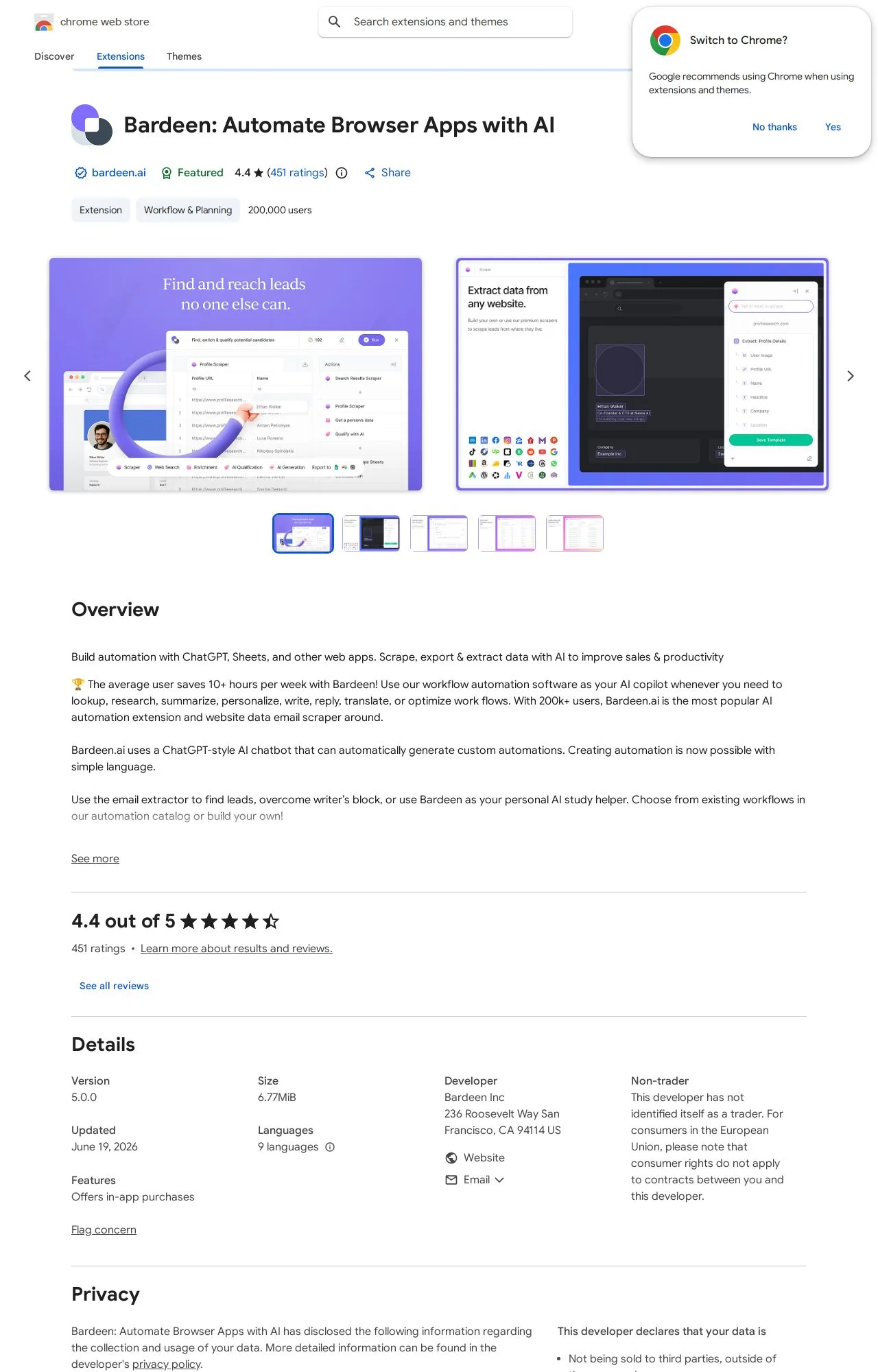 Bardeen: Automate Browser Apps with AI listing on the Chrome Web Store