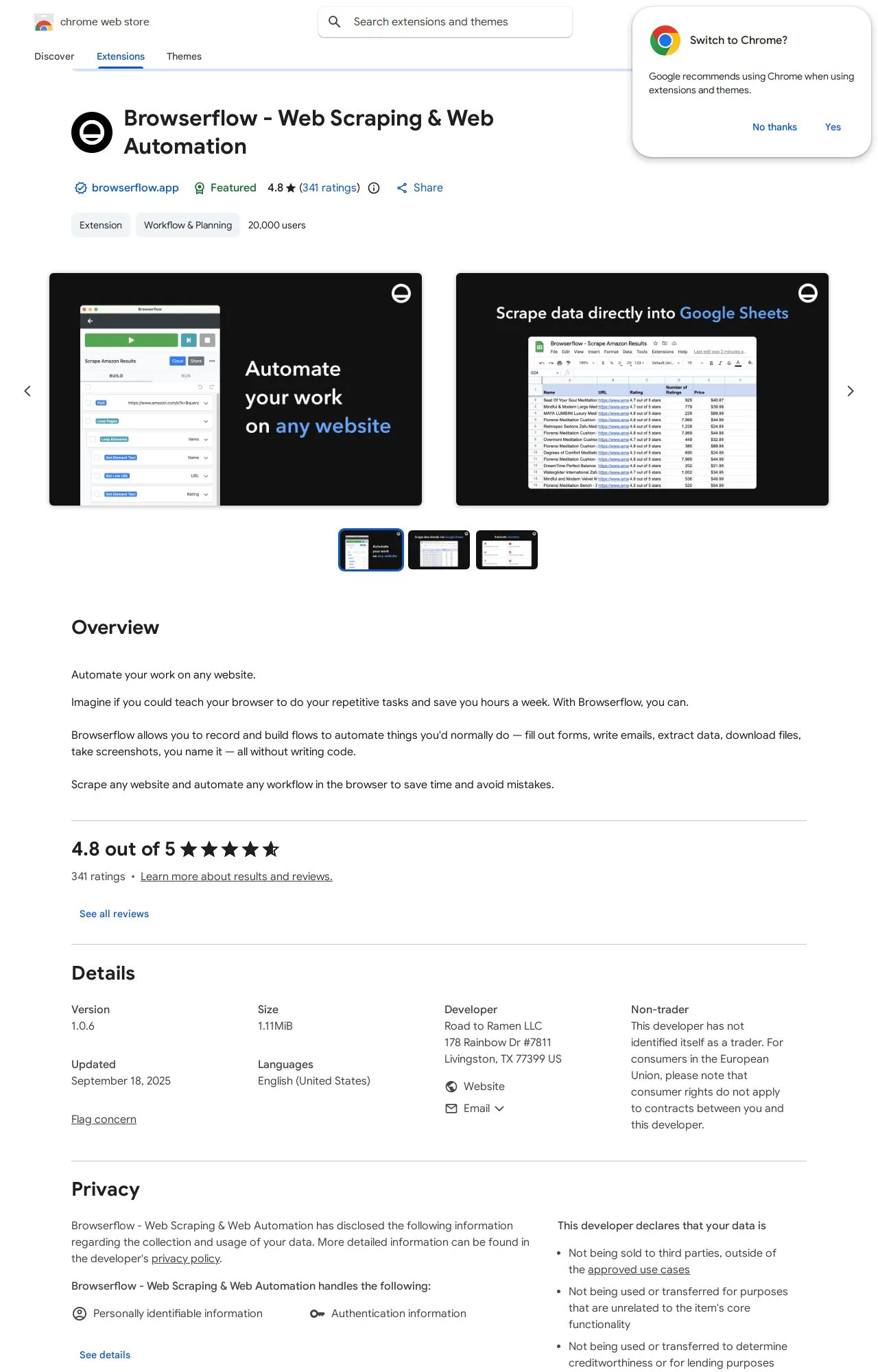 Browserflow - Web Scraping & Web Automation listing on the Chrome Web Store