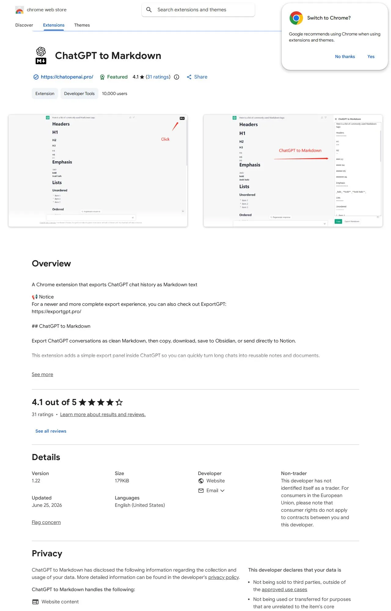 ChatGPT to Markdown listing on the Chrome Web Store