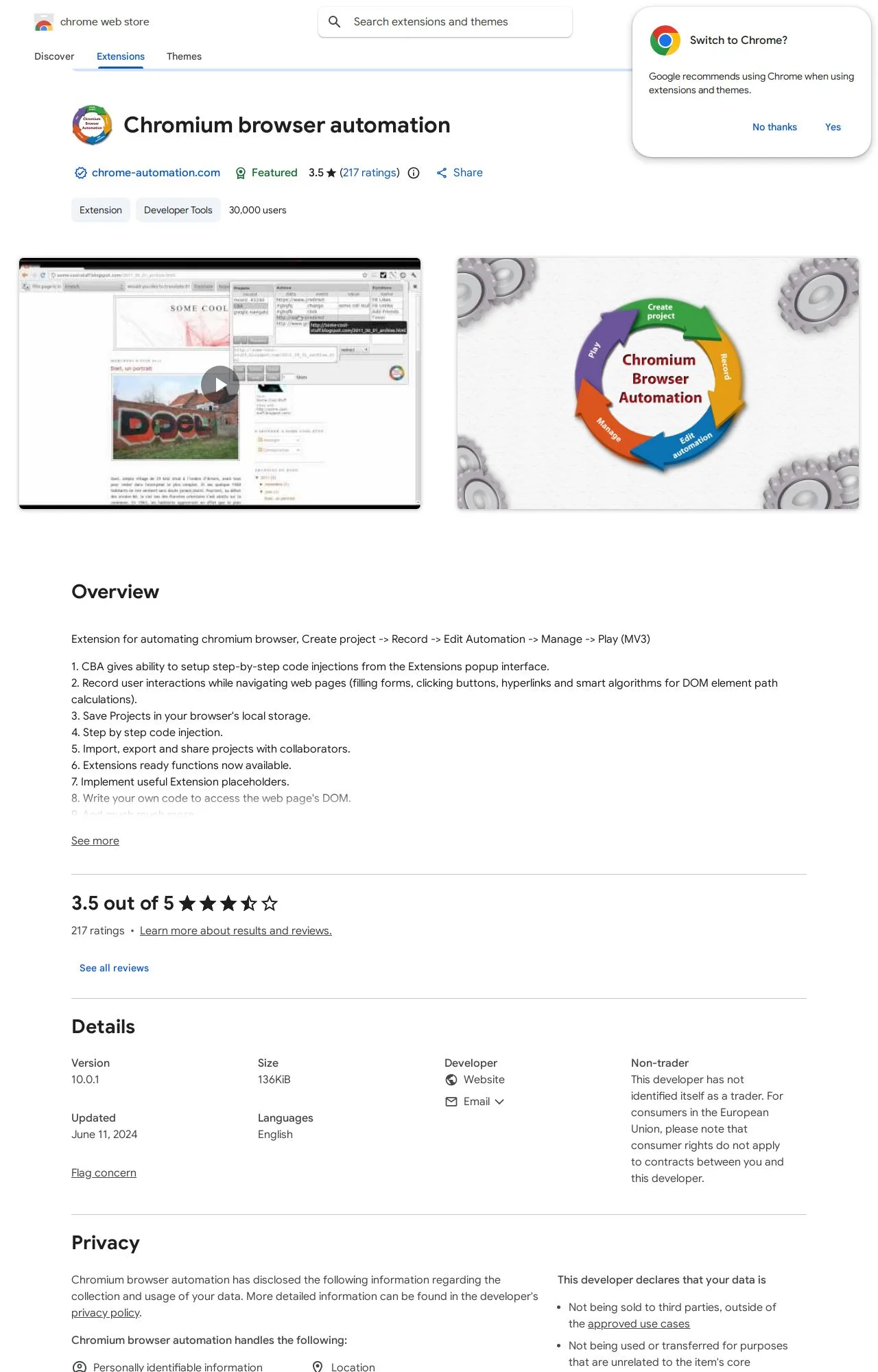 Chromium browser automation listing on the Chrome Web Store