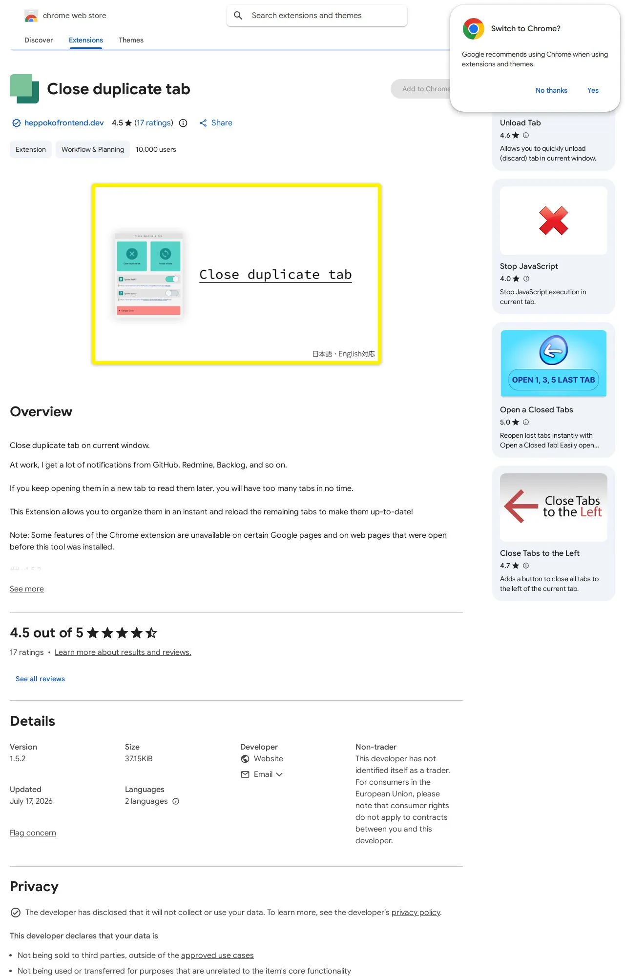 Close duplicate tab listing on the Chrome Web Store