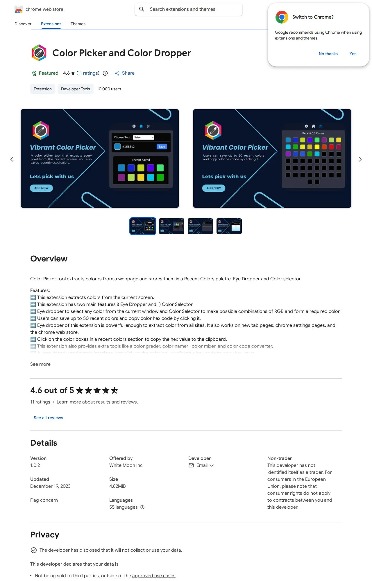 Color Picker and Color Dropper listing on the Chrome Web Store