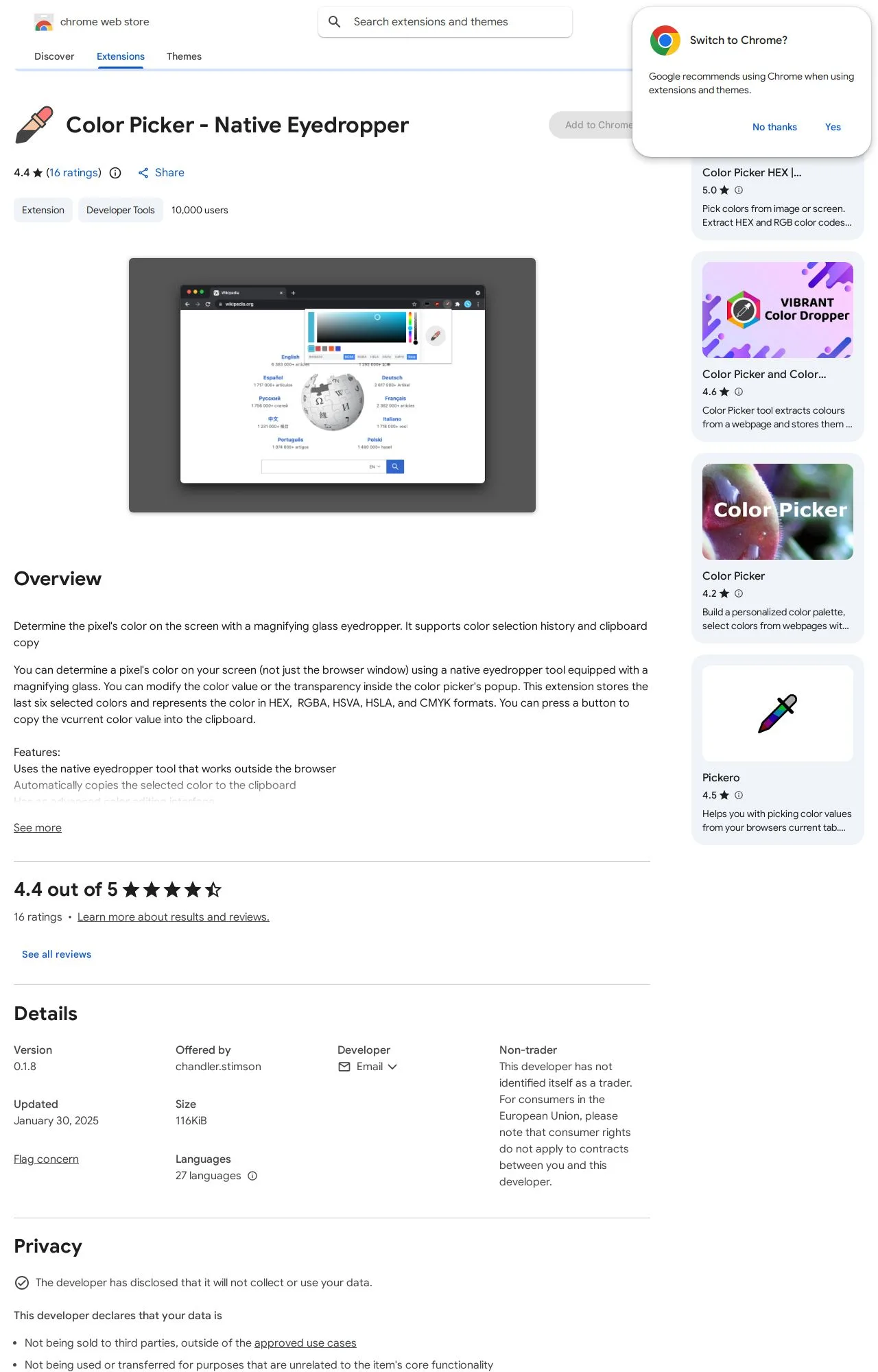 Color Picker - Native Eyedropper listing on the Chrome Web Store