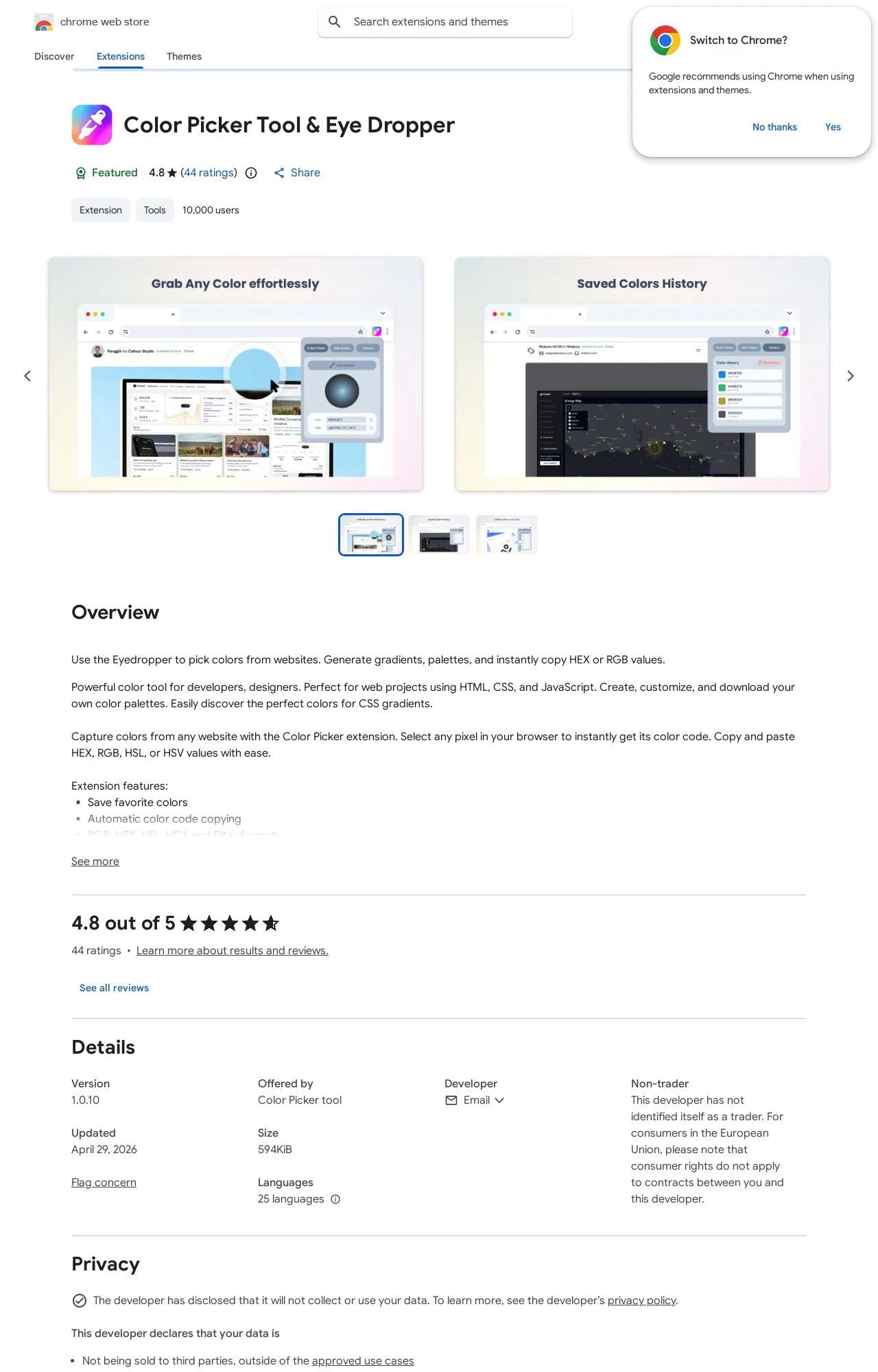 Color Picker Tool & Eye Dropper listing on the Chrome Web Store