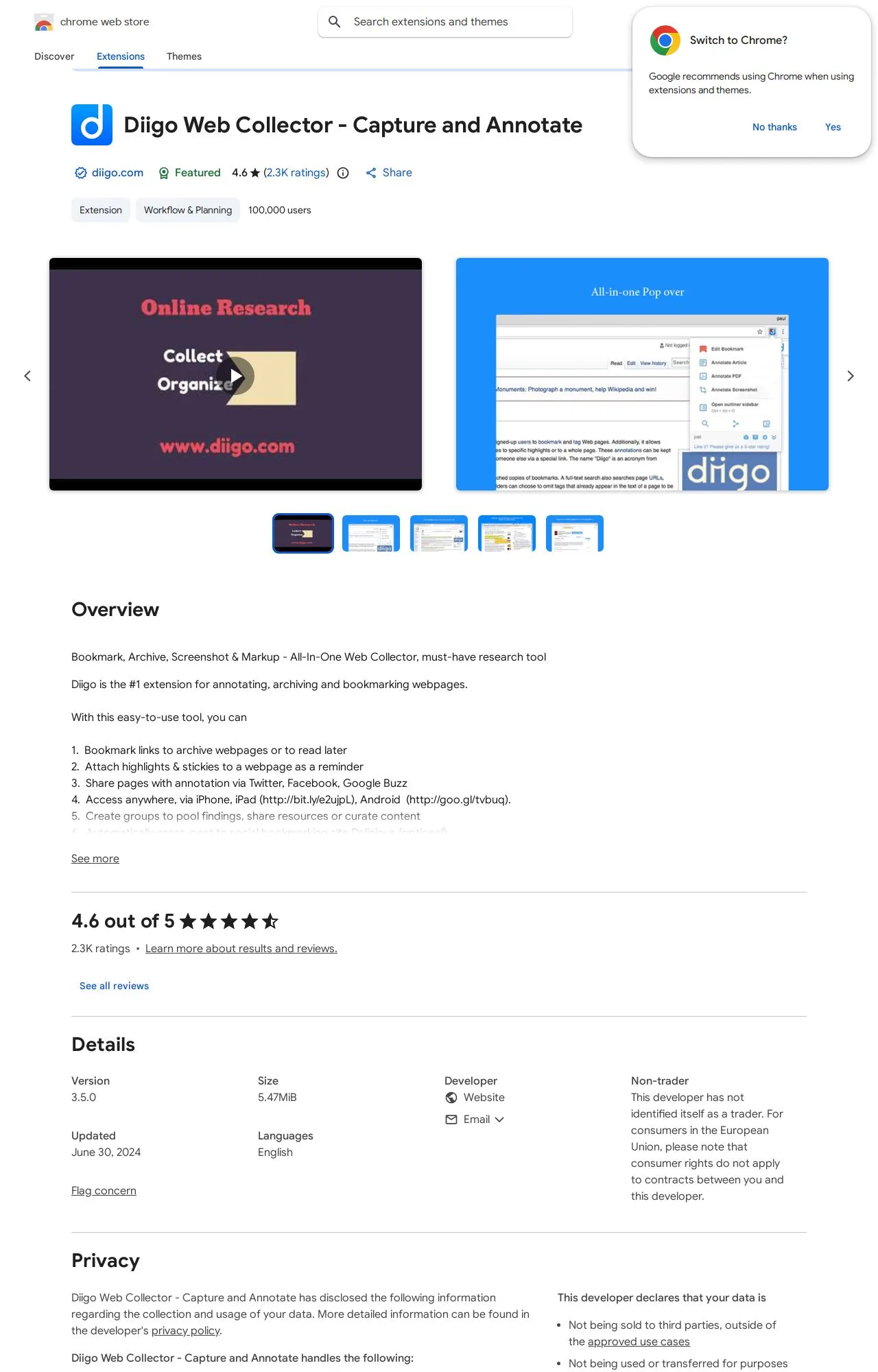 Diigo Web Collector - Capture and Annotate listing on the Chrome Web Store