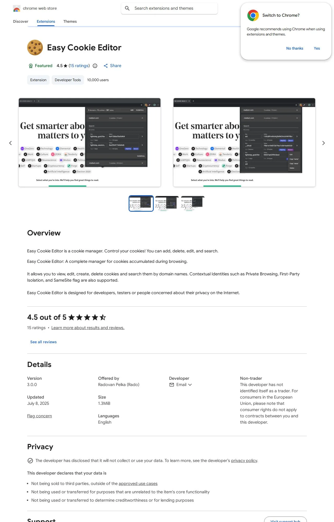 Easy Cookie Editor listing on the Chrome Web Store