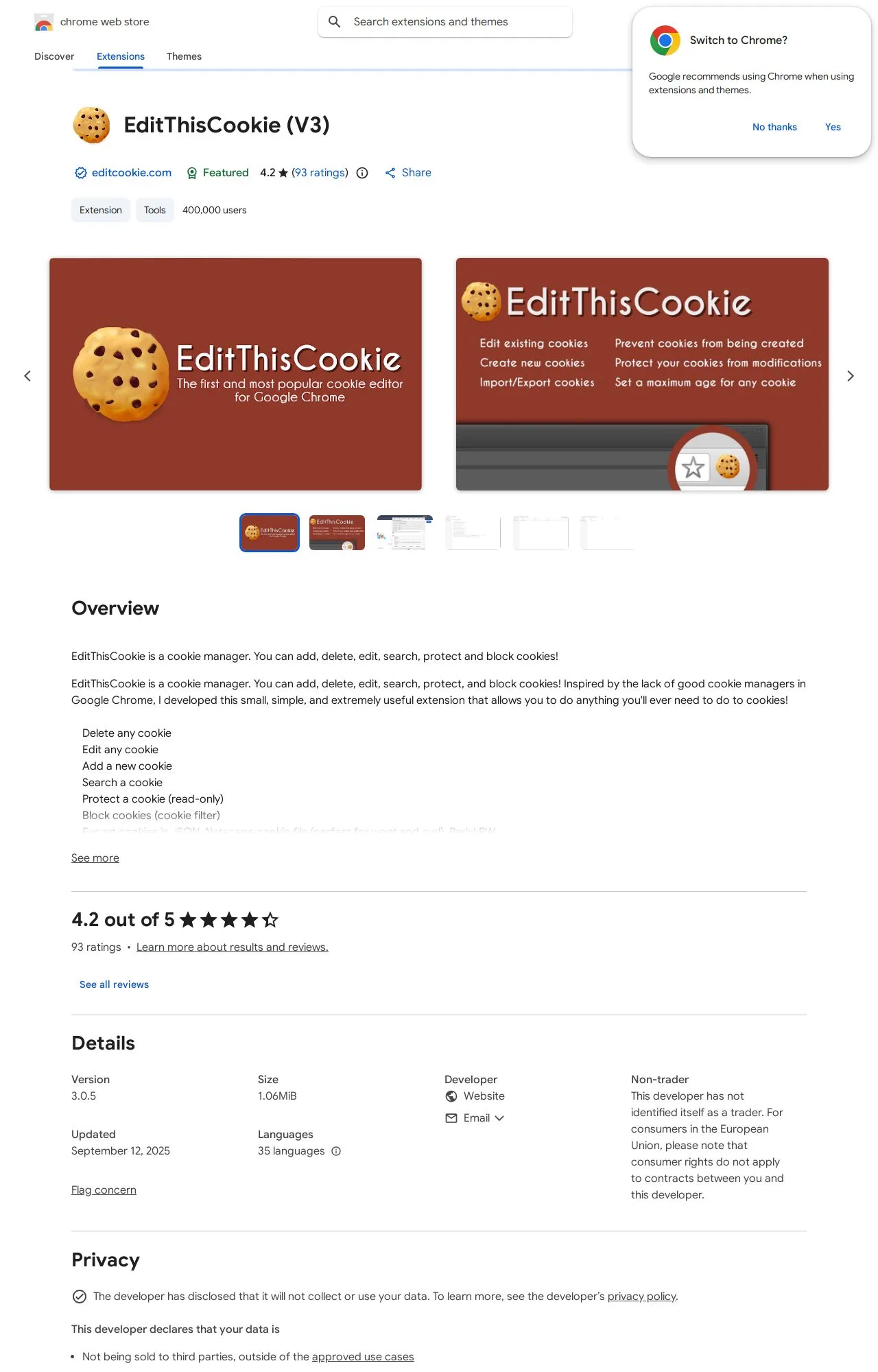 EditThisCookie (V3) listing on the Chrome Web Store