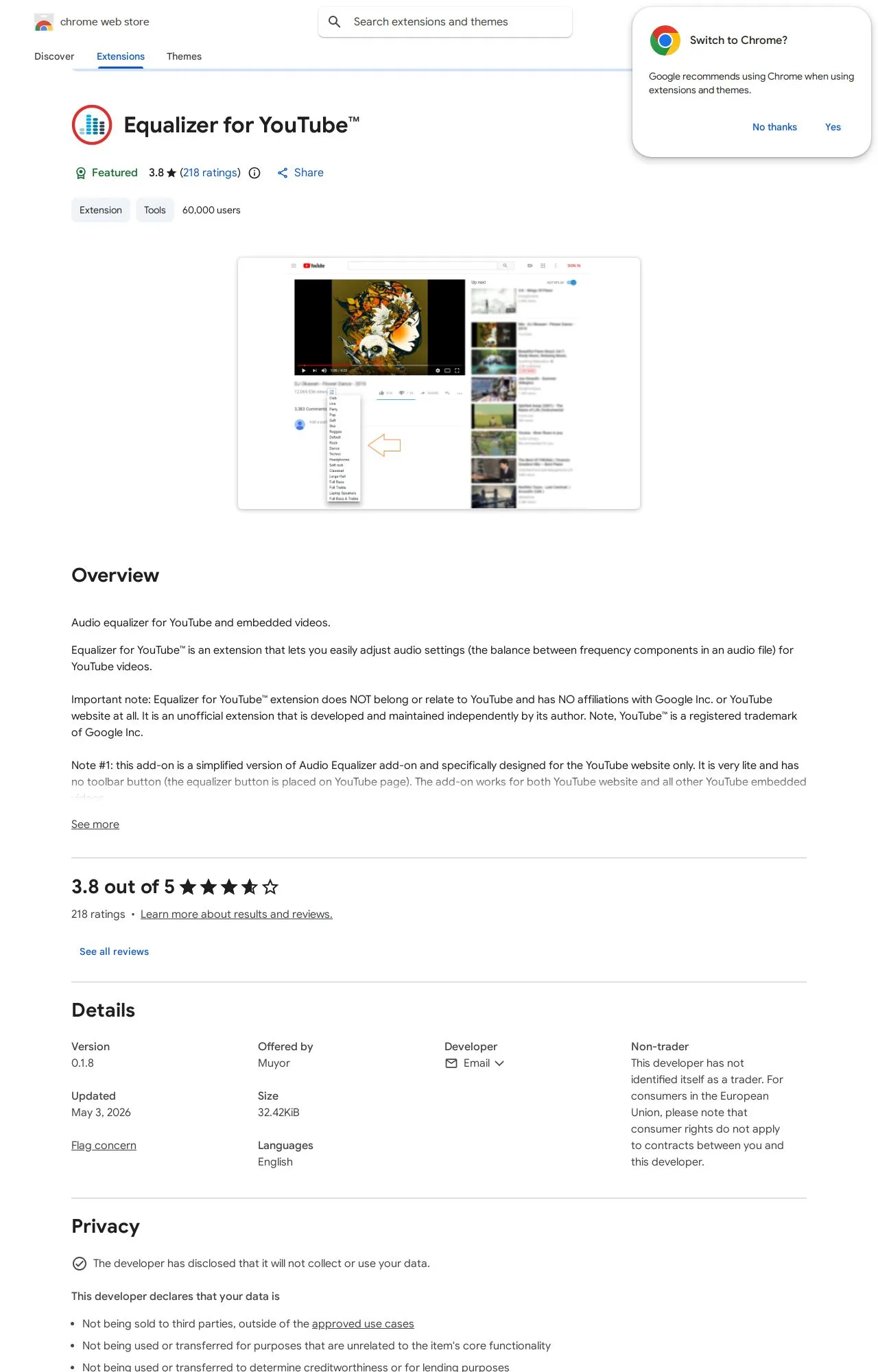 Equalizer for YouTube listing on the Chrome Web Store