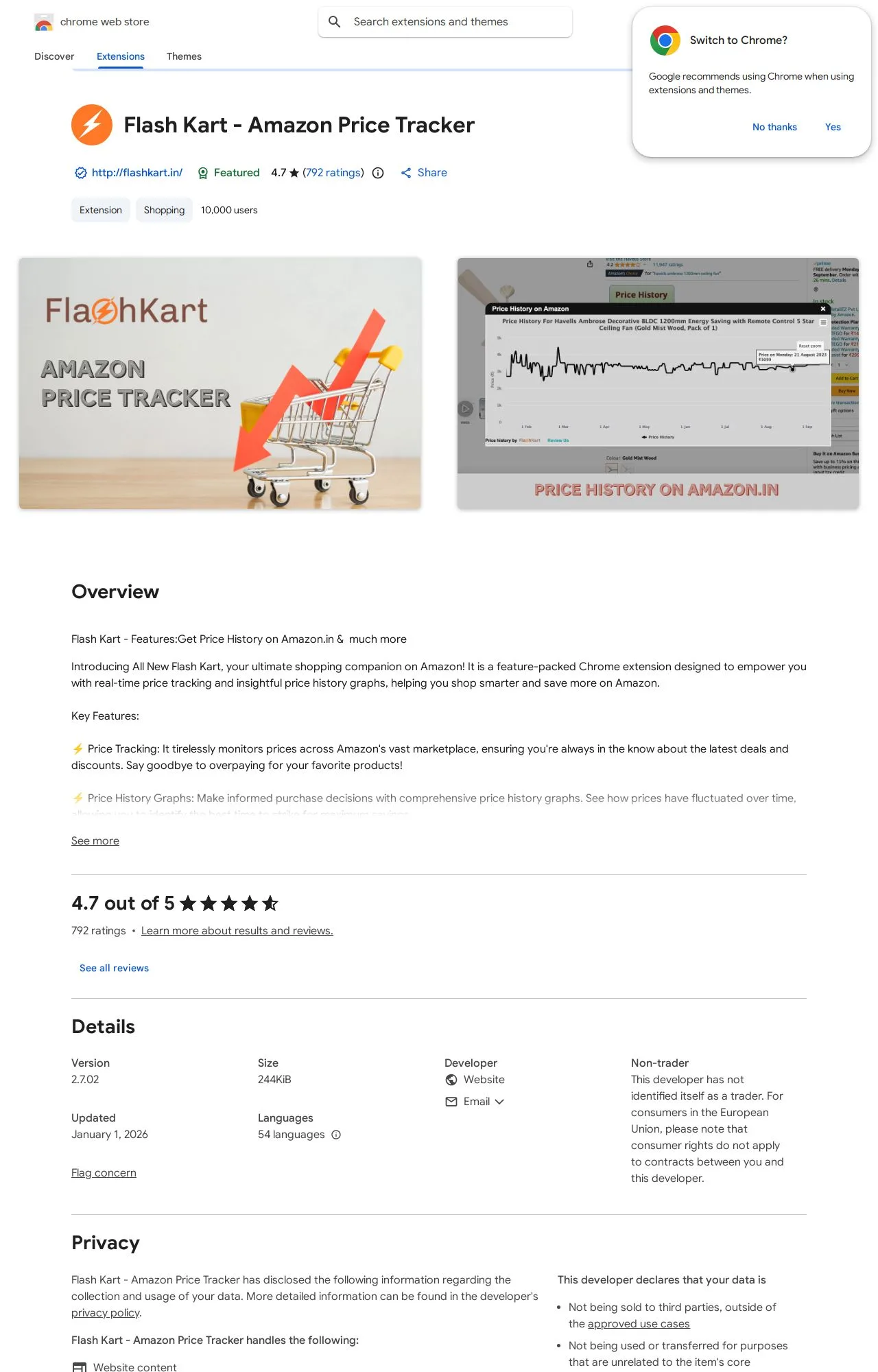 Flash Kart - Amazon Price Tracker listing on the Chrome Web Store