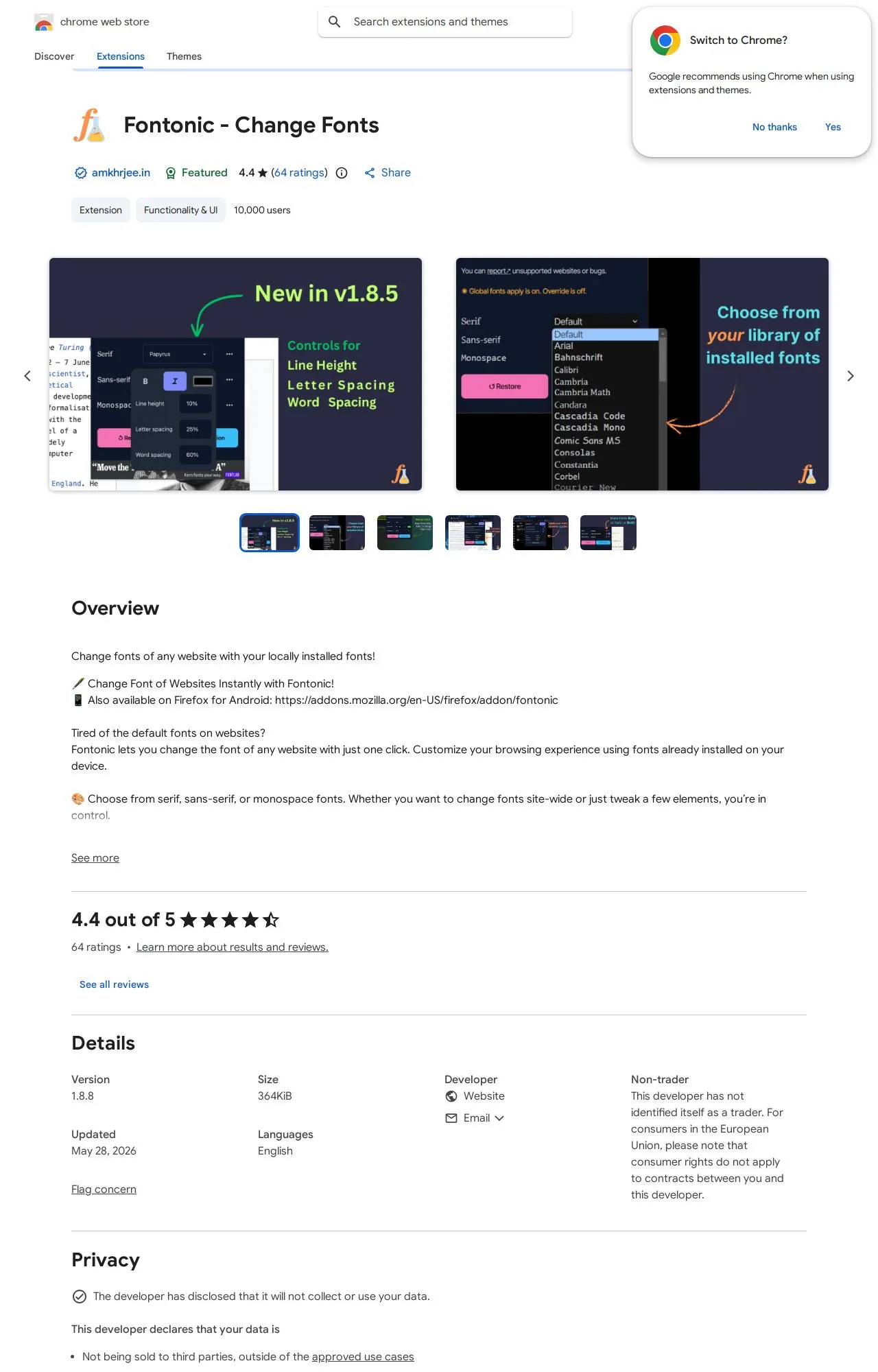 Fontonic - Change Fonts listing on the Chrome Web Store