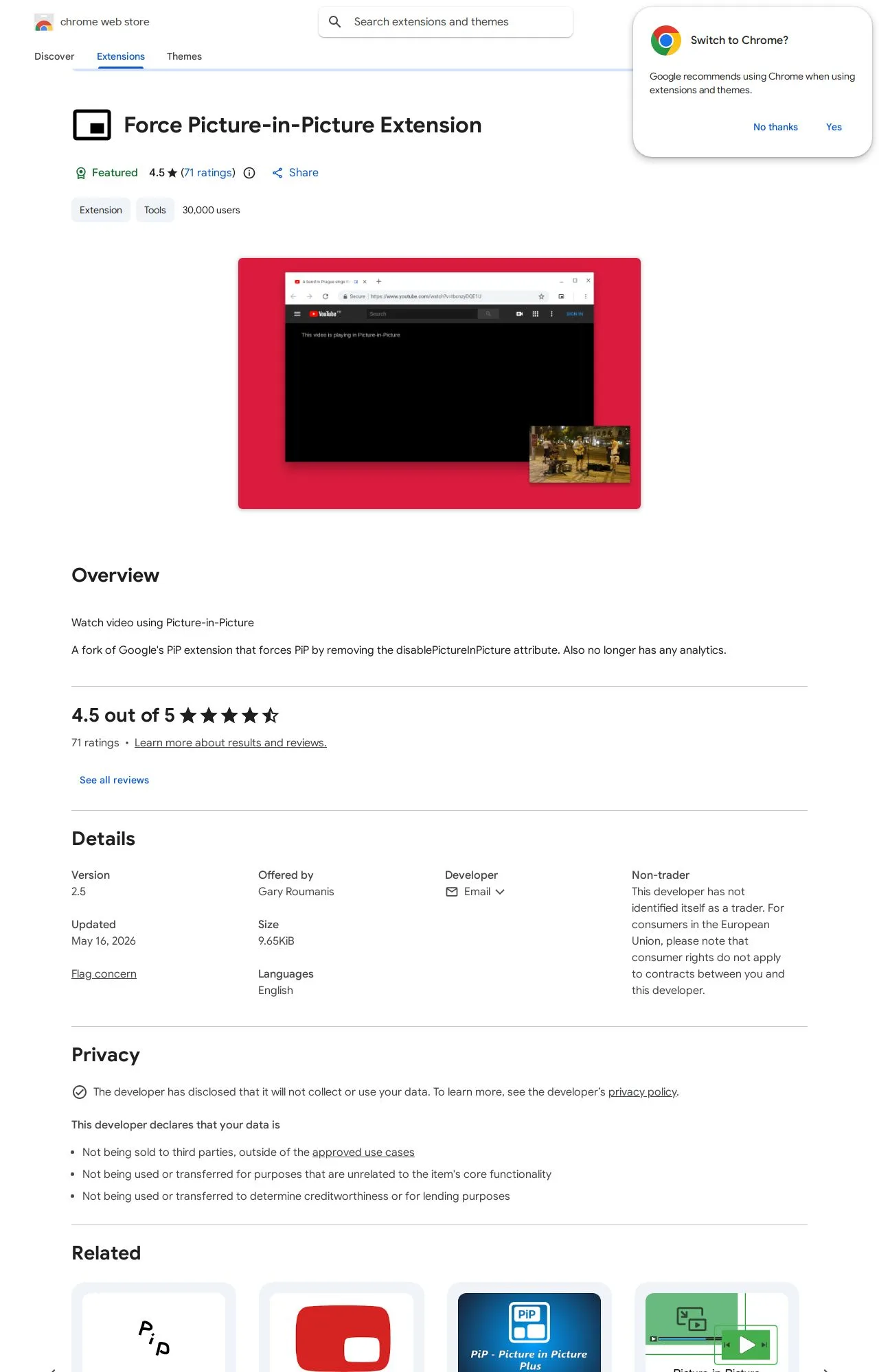 Force Picture-in-Picture Extension listing on the Chrome Web Store