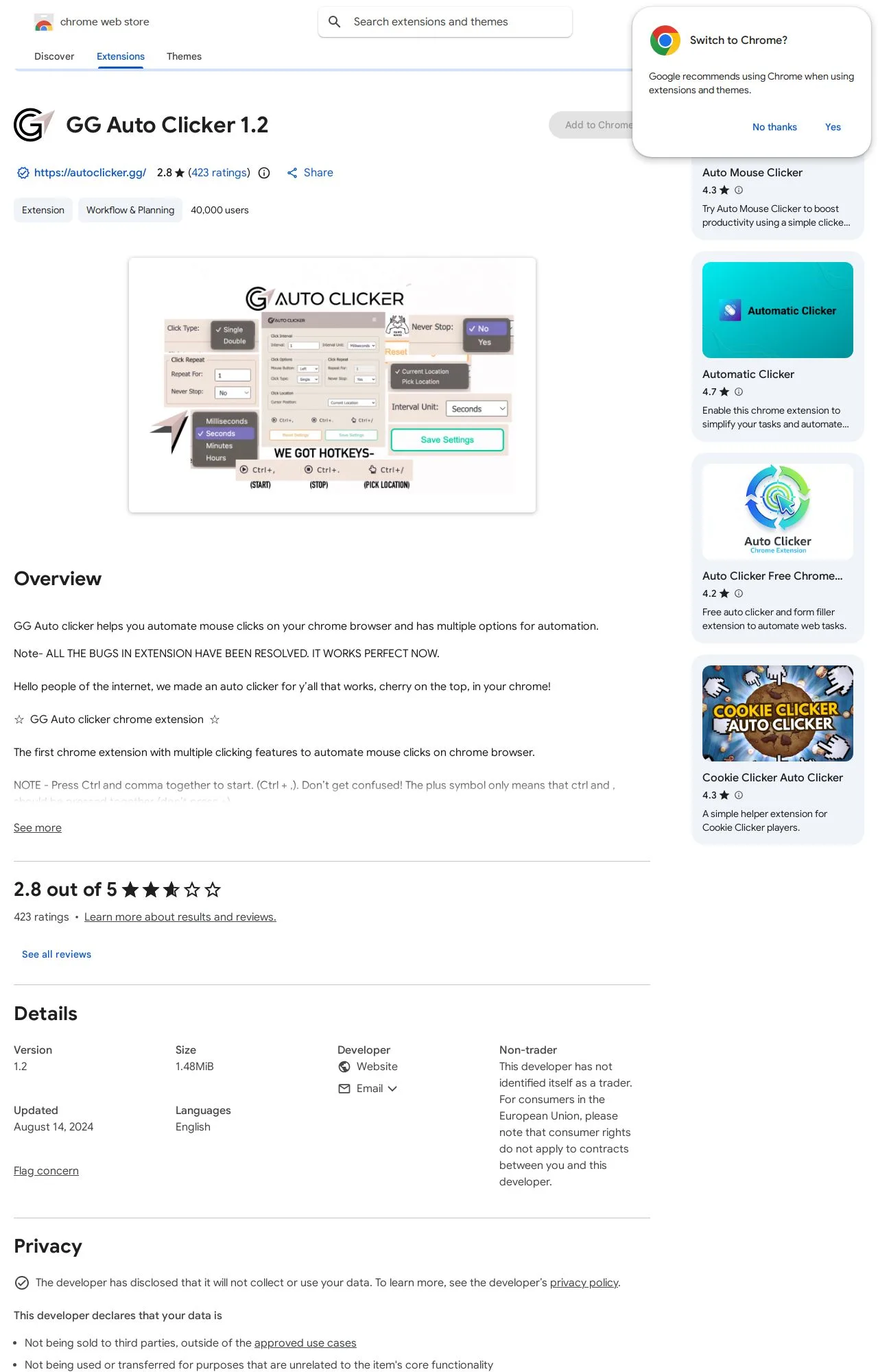 GG Auto Clicker 1.2 listing on the Chrome Web Store