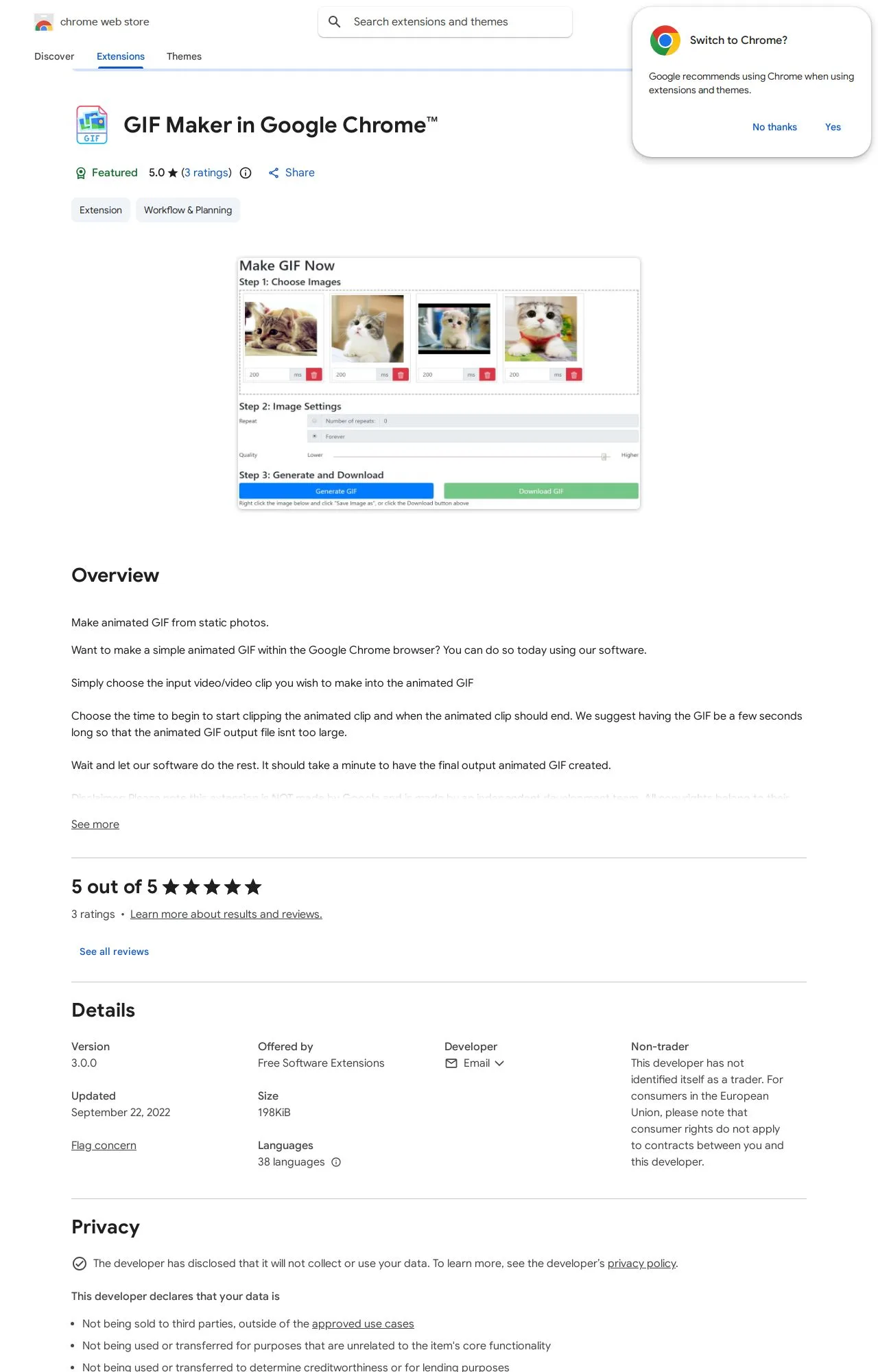 GIF Maker in Google Chrome listing on the Chrome Web Store