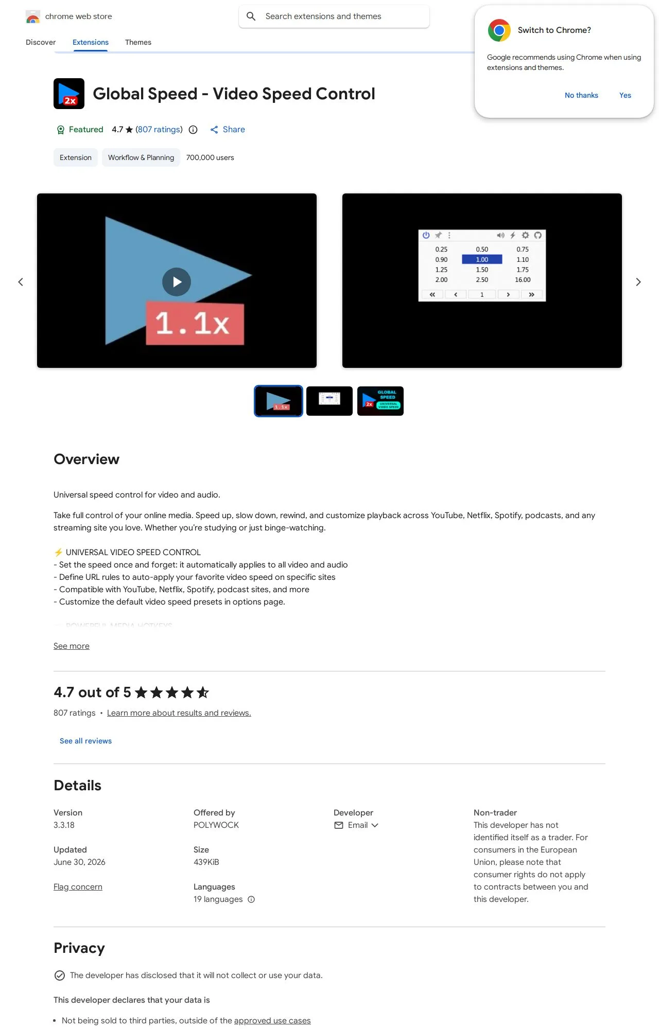 Global Speed - Video Speed Control listing on the Chrome Web Store