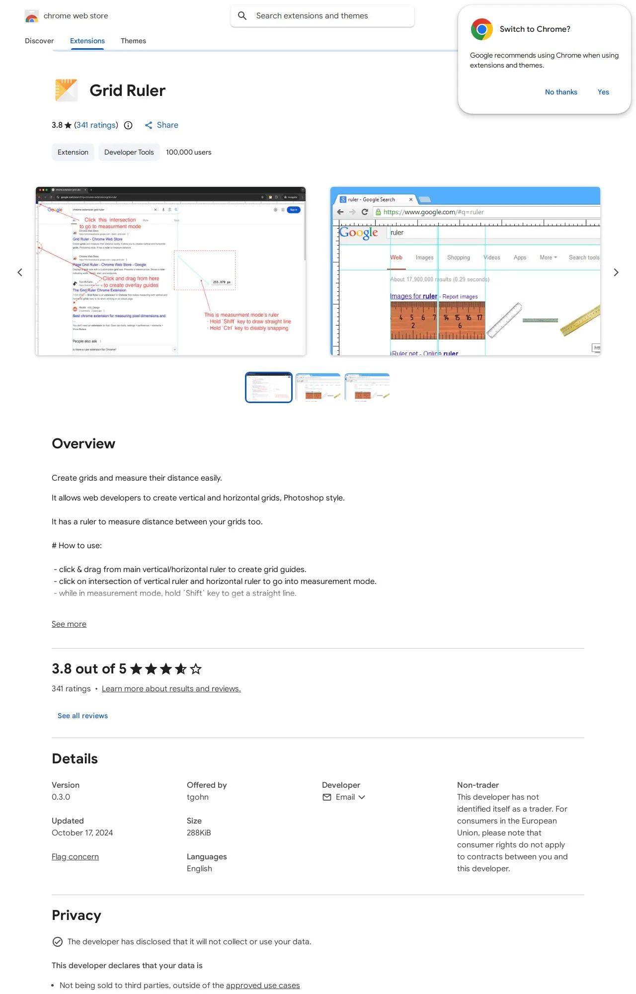 Grid Ruler listing on the Chrome Web Store