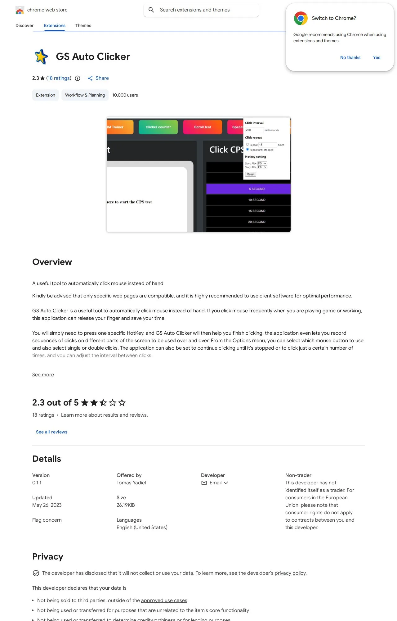 GS Auto Clicker listing on the Chrome Web Store