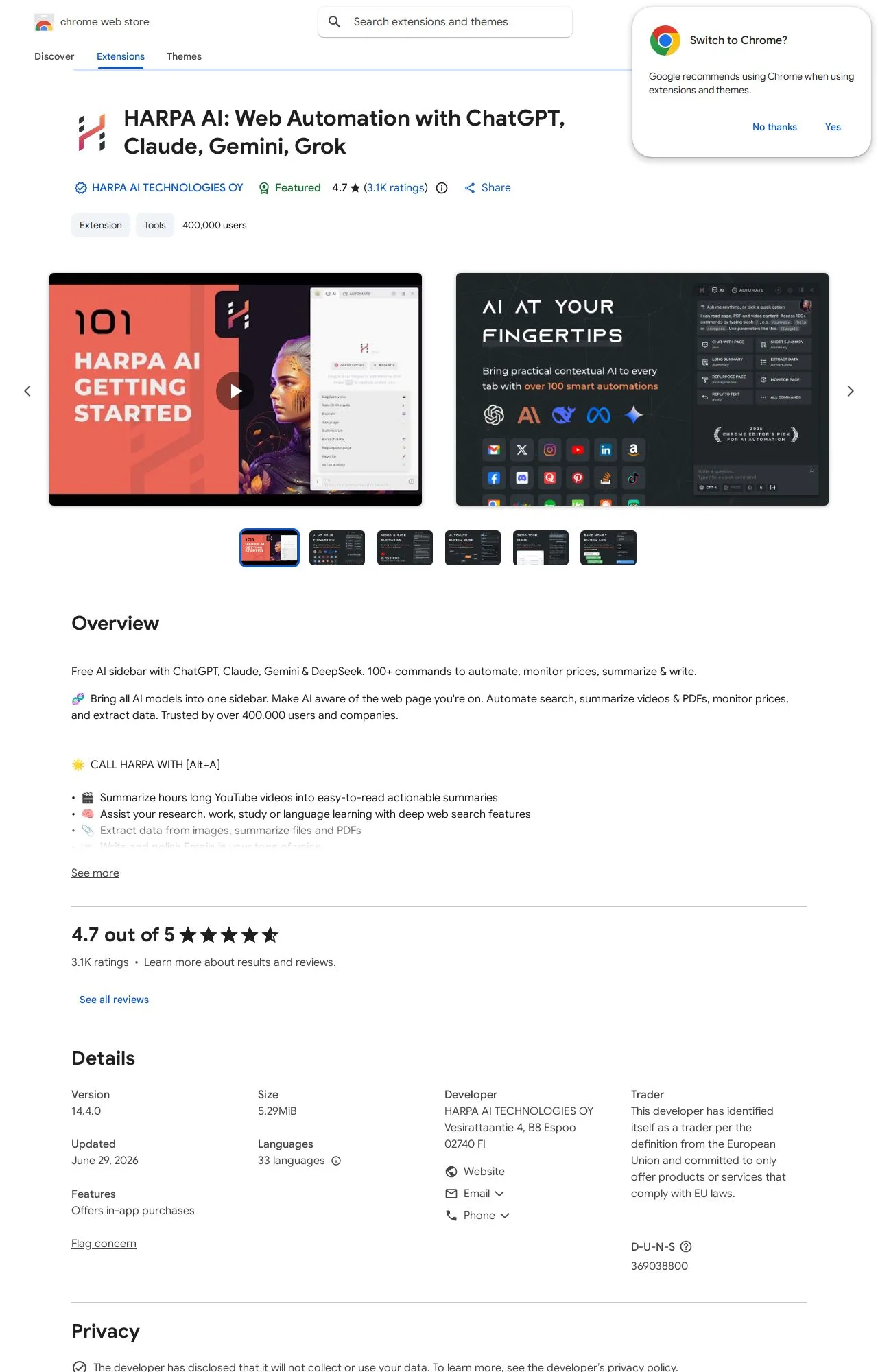 HARPA AI: Web Automation with ChatGPT, Claude, Gemini, Grok listing on the Chrome Web Store