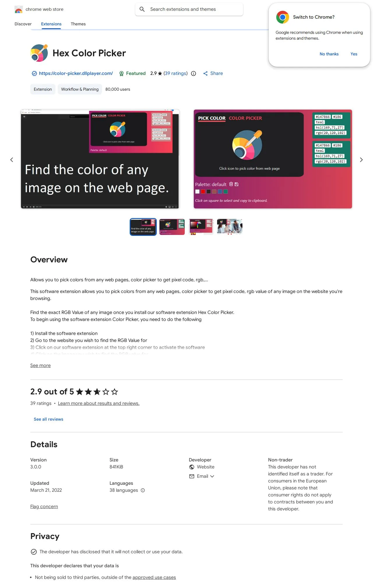 Hex Color Picker listing on the Chrome Web Store