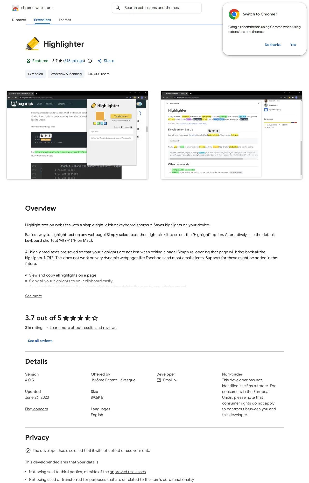 Highlighter listing on the Chrome Web Store