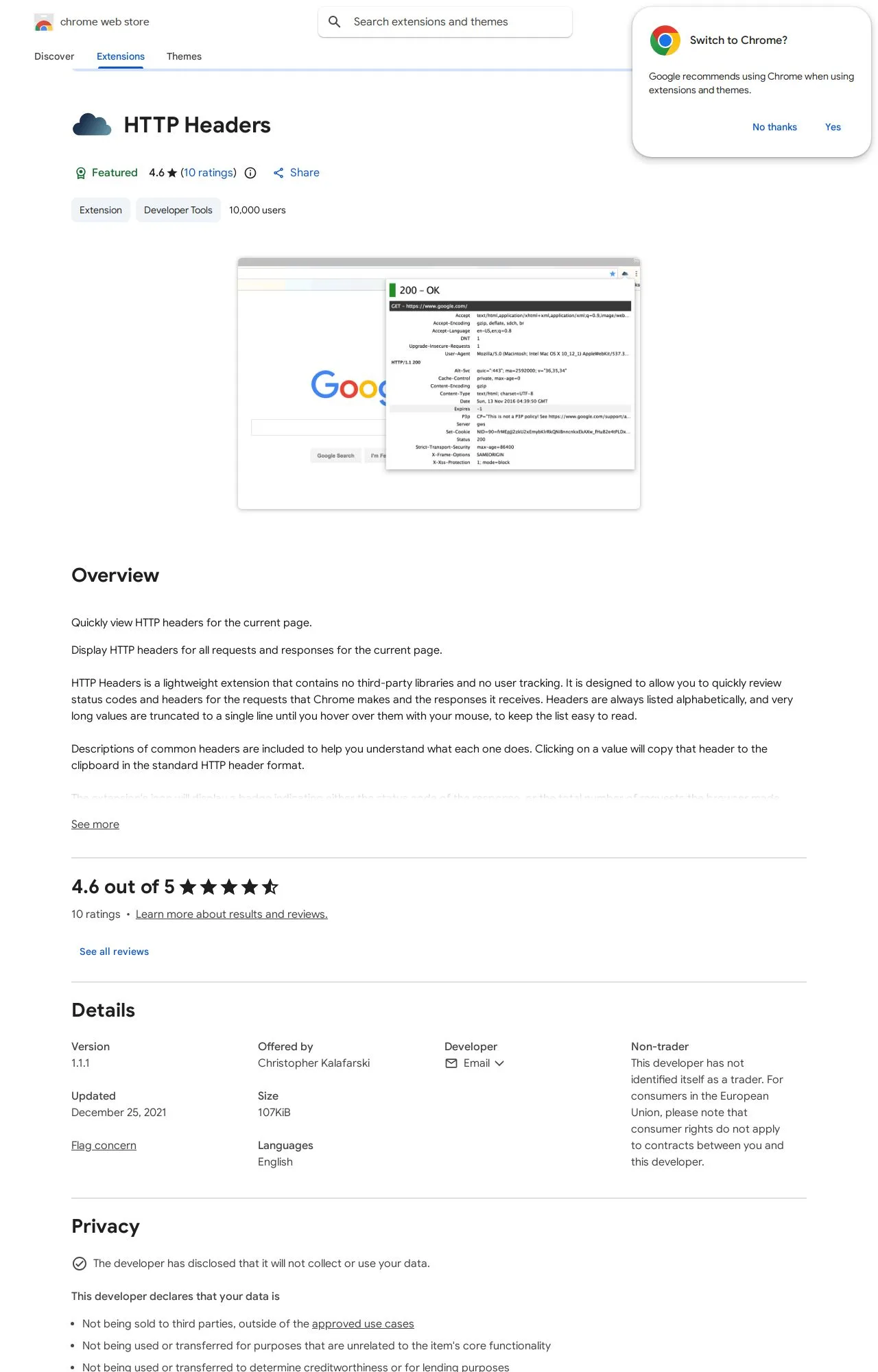 HTTP Headers listing on the Chrome Web Store