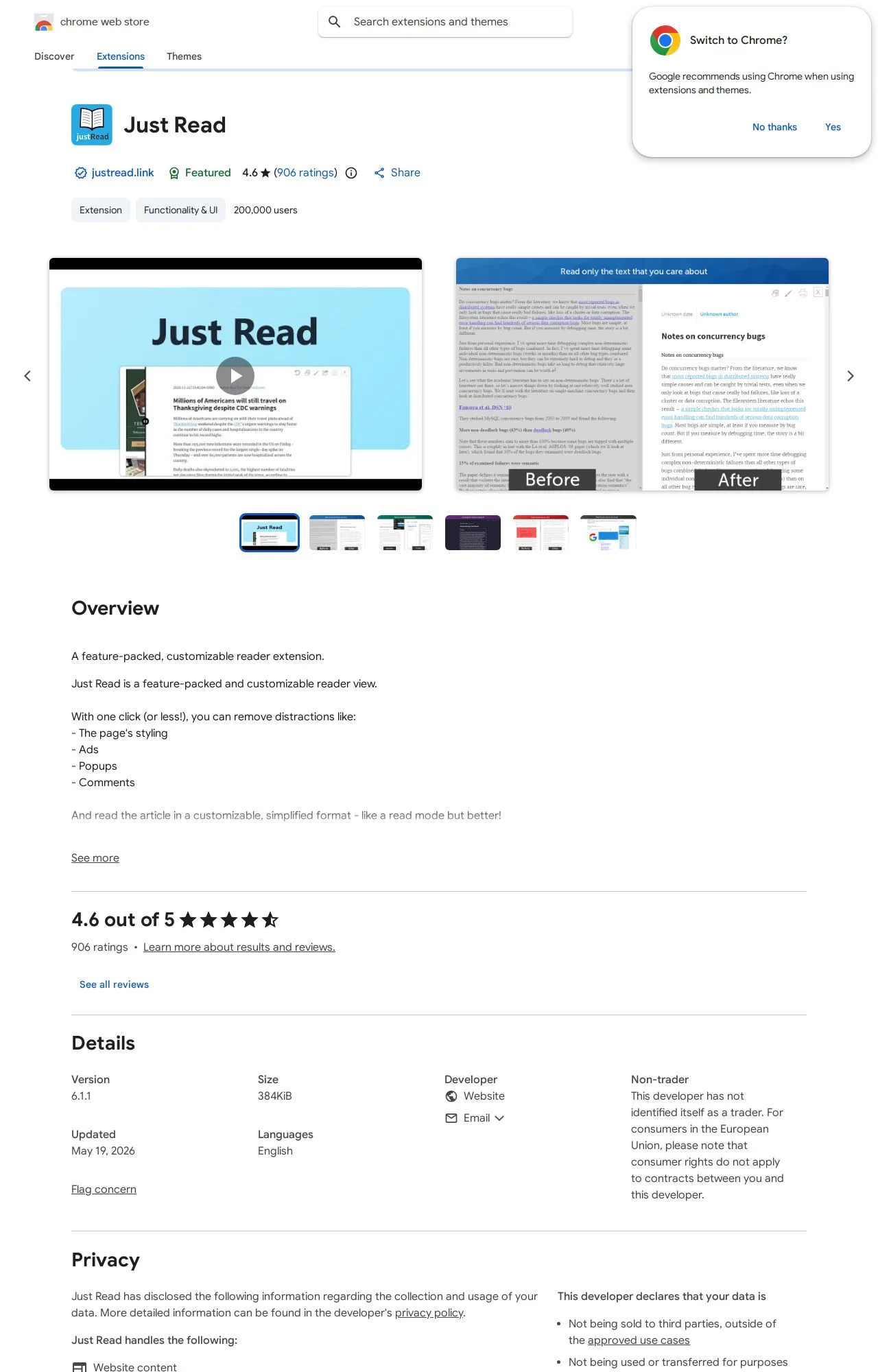 Just Read listing on the Chrome Web Store